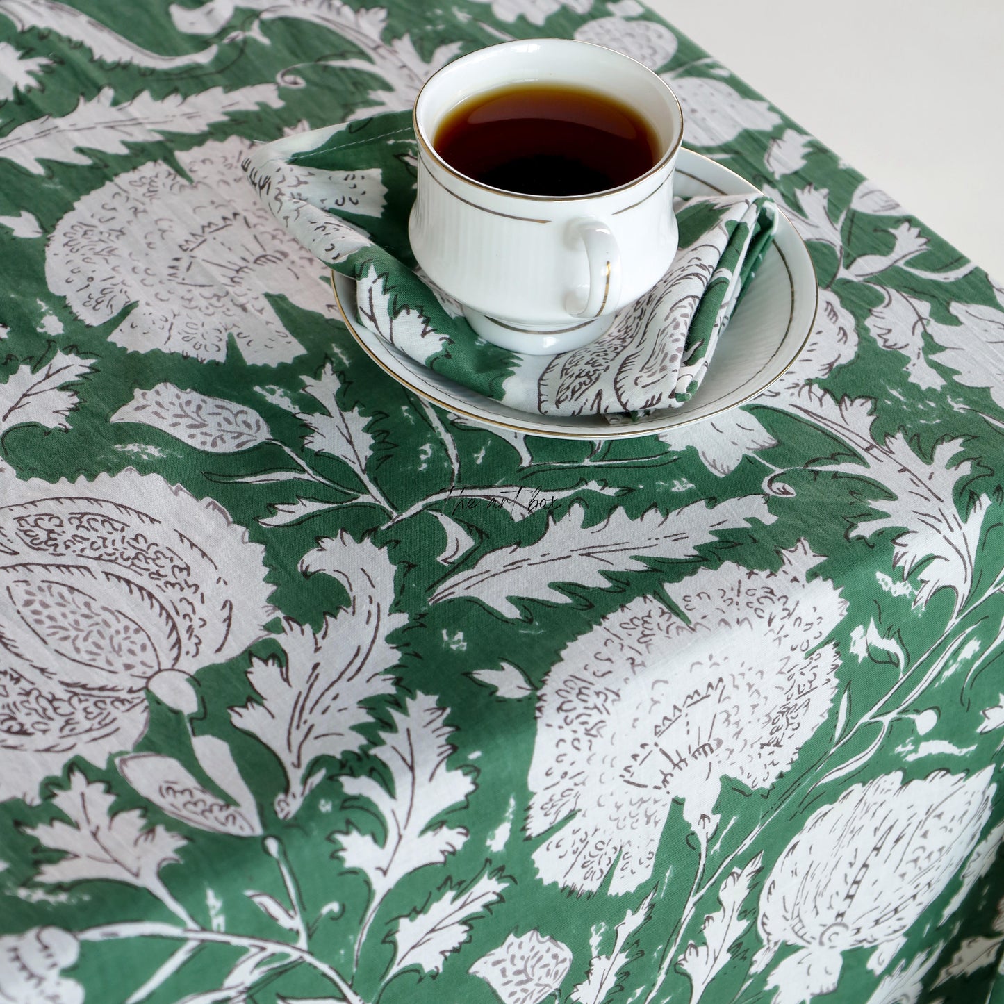 Indian Print Table Cloth, Green Floral Printed Cotton Table Cover