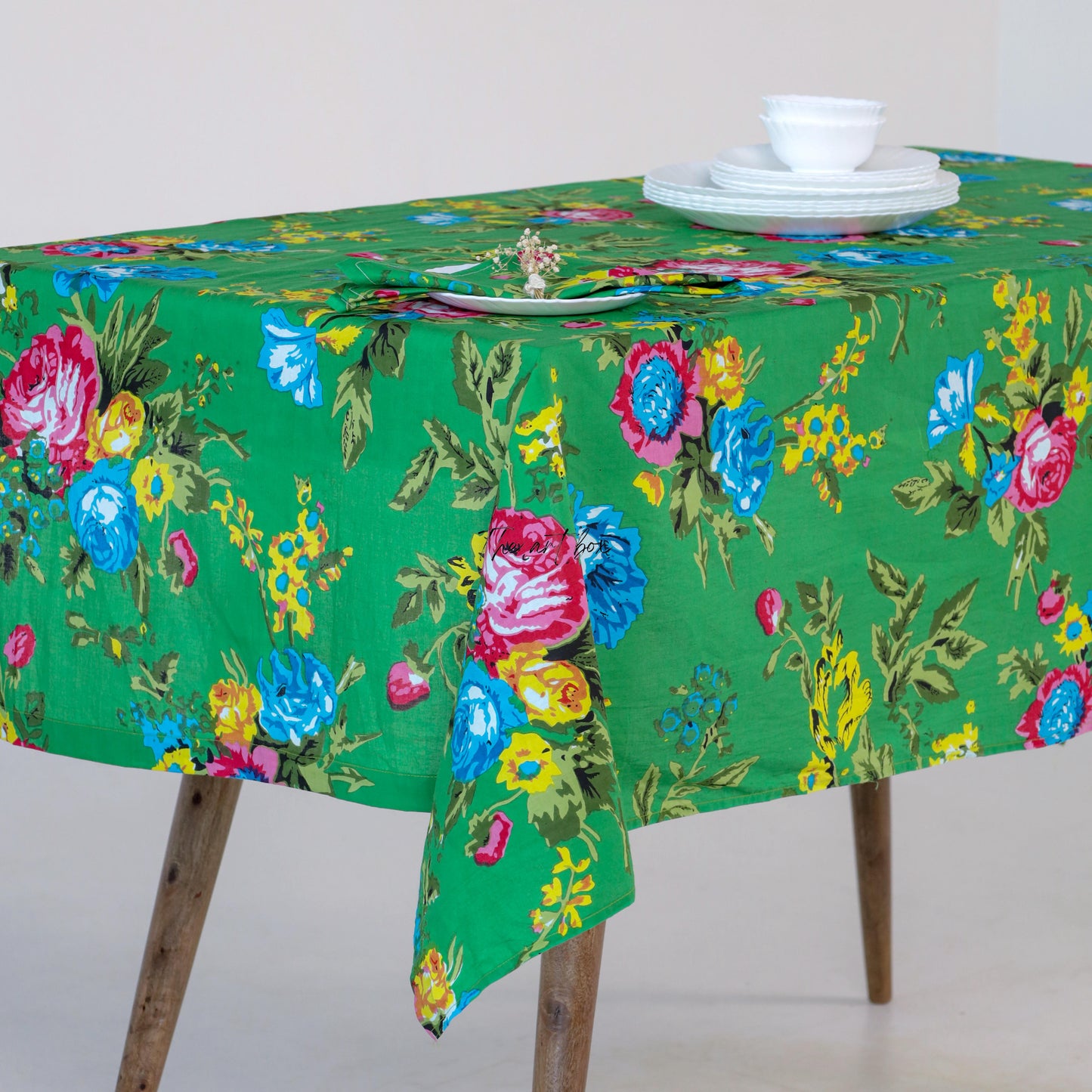 Green Best Printed Table Cloth, Green Floral Printed Cotton Table Cover