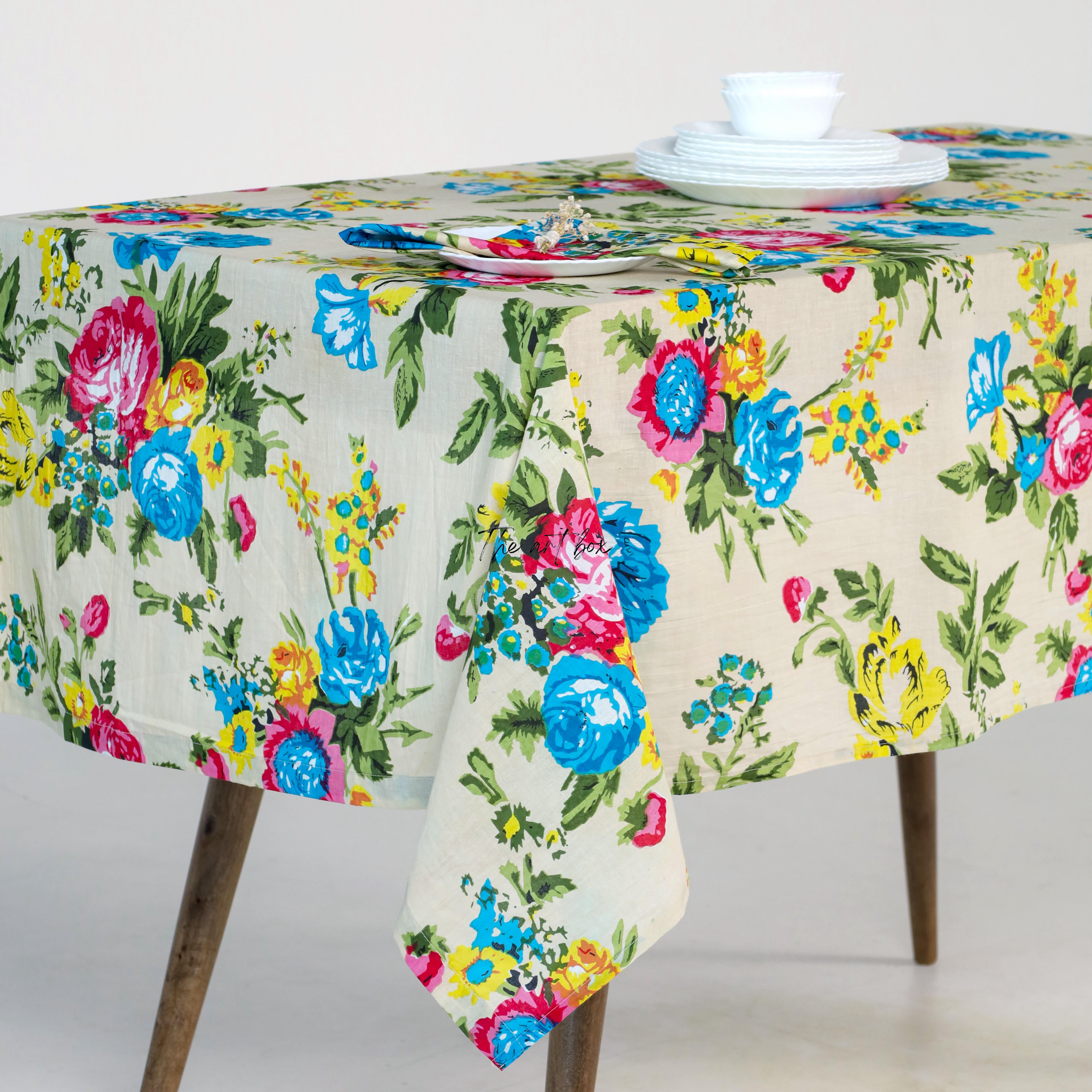 Grey White Floral Printed Table Cloth