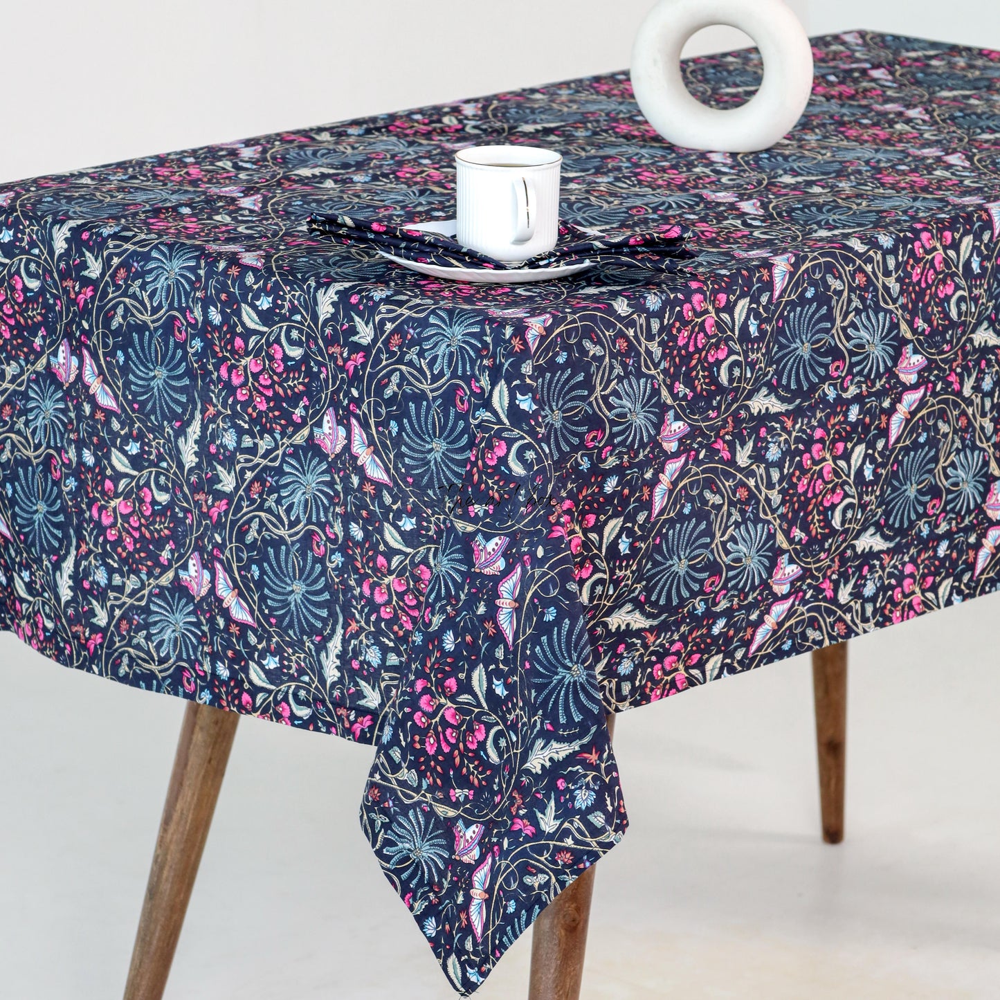 Floral Fantasy Transform Your Table with Black & Blue Printed Cotton Tablecloths
