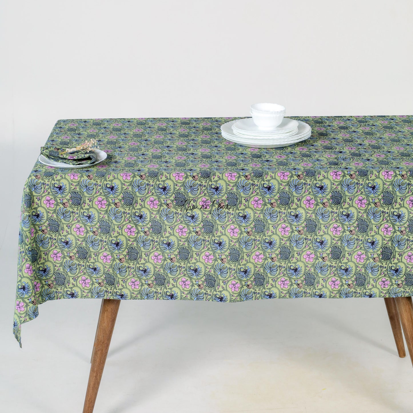 Green Floral Printed Tablecloth