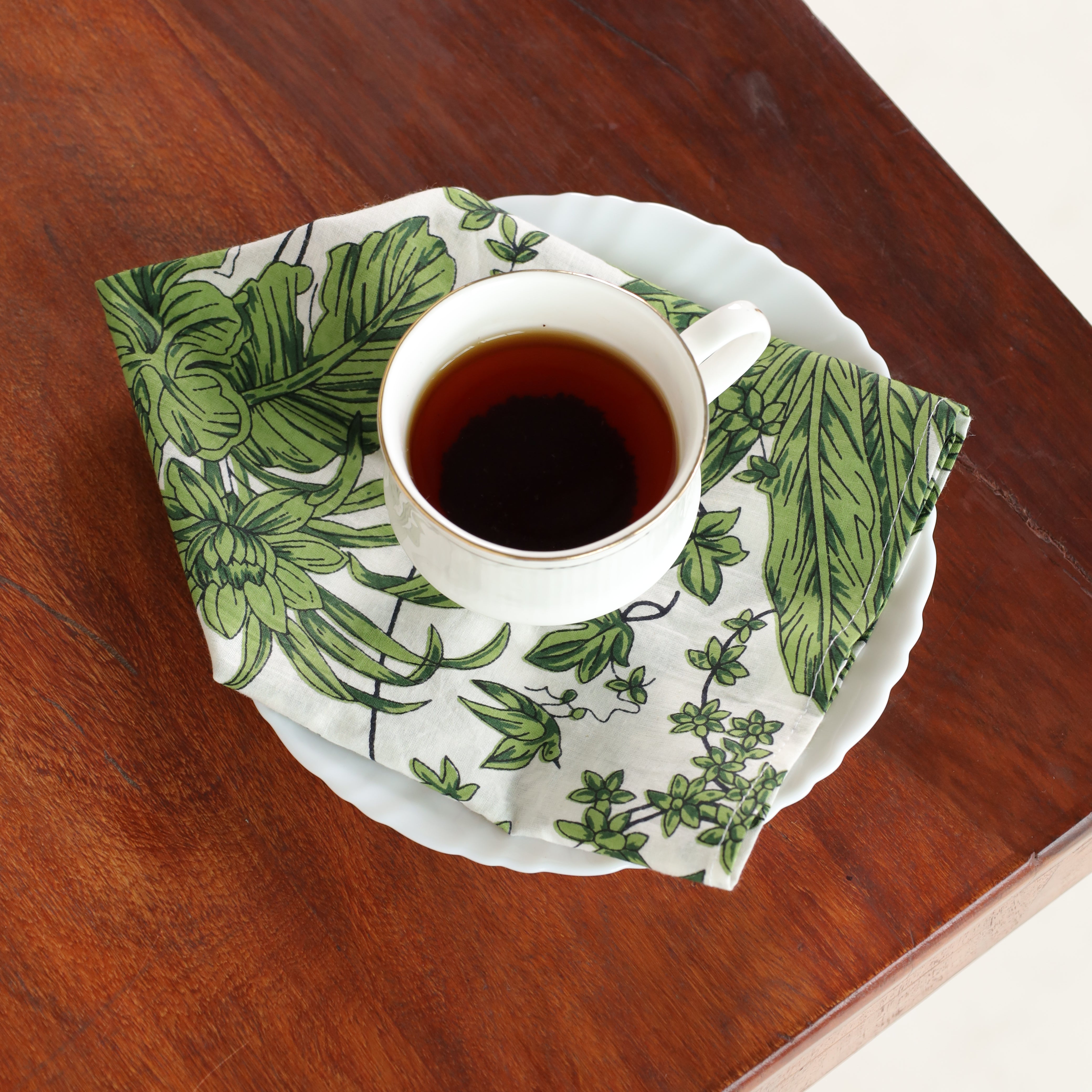 White Cotton Green Floral Table Napkins