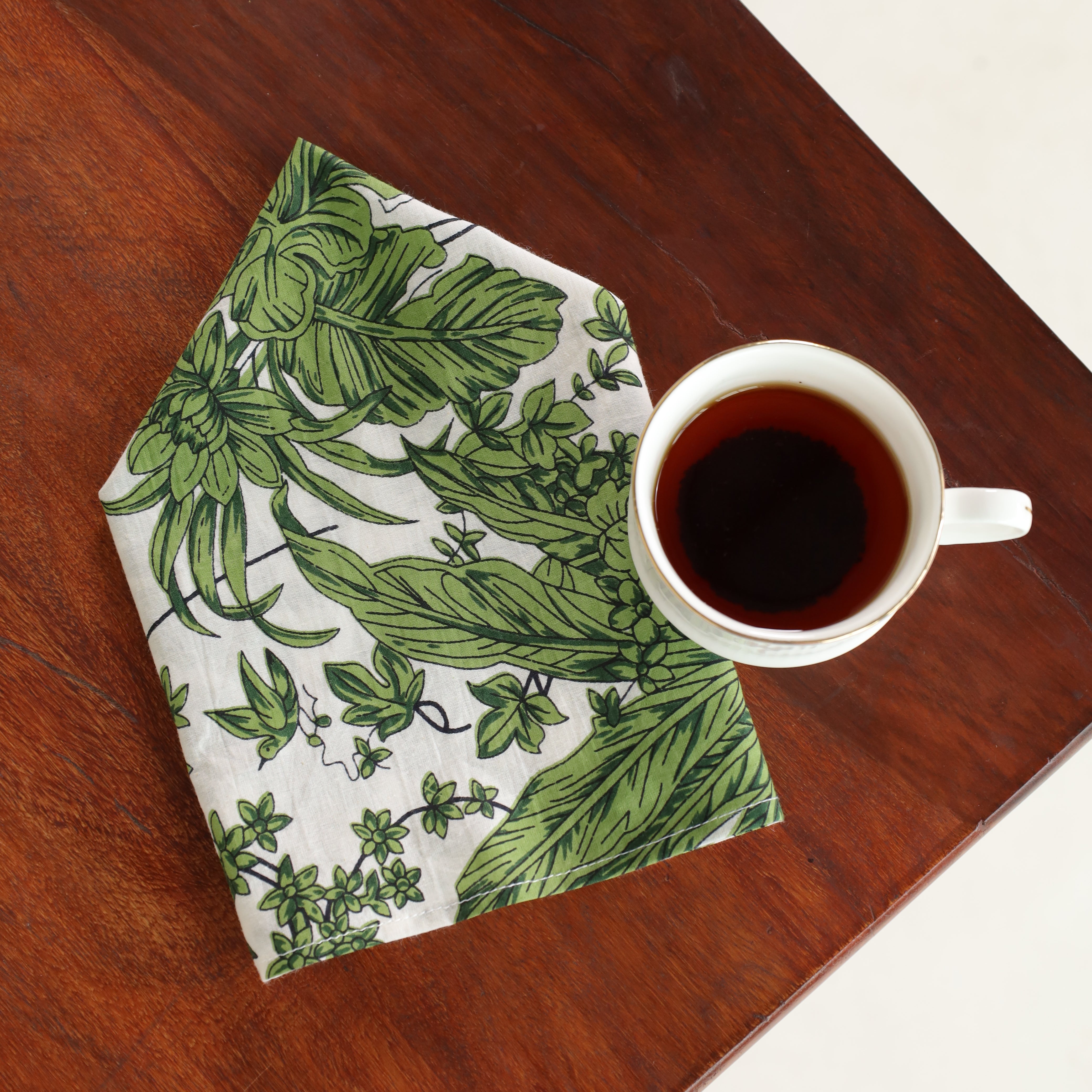 White Cotton Green Floral Table Napkins