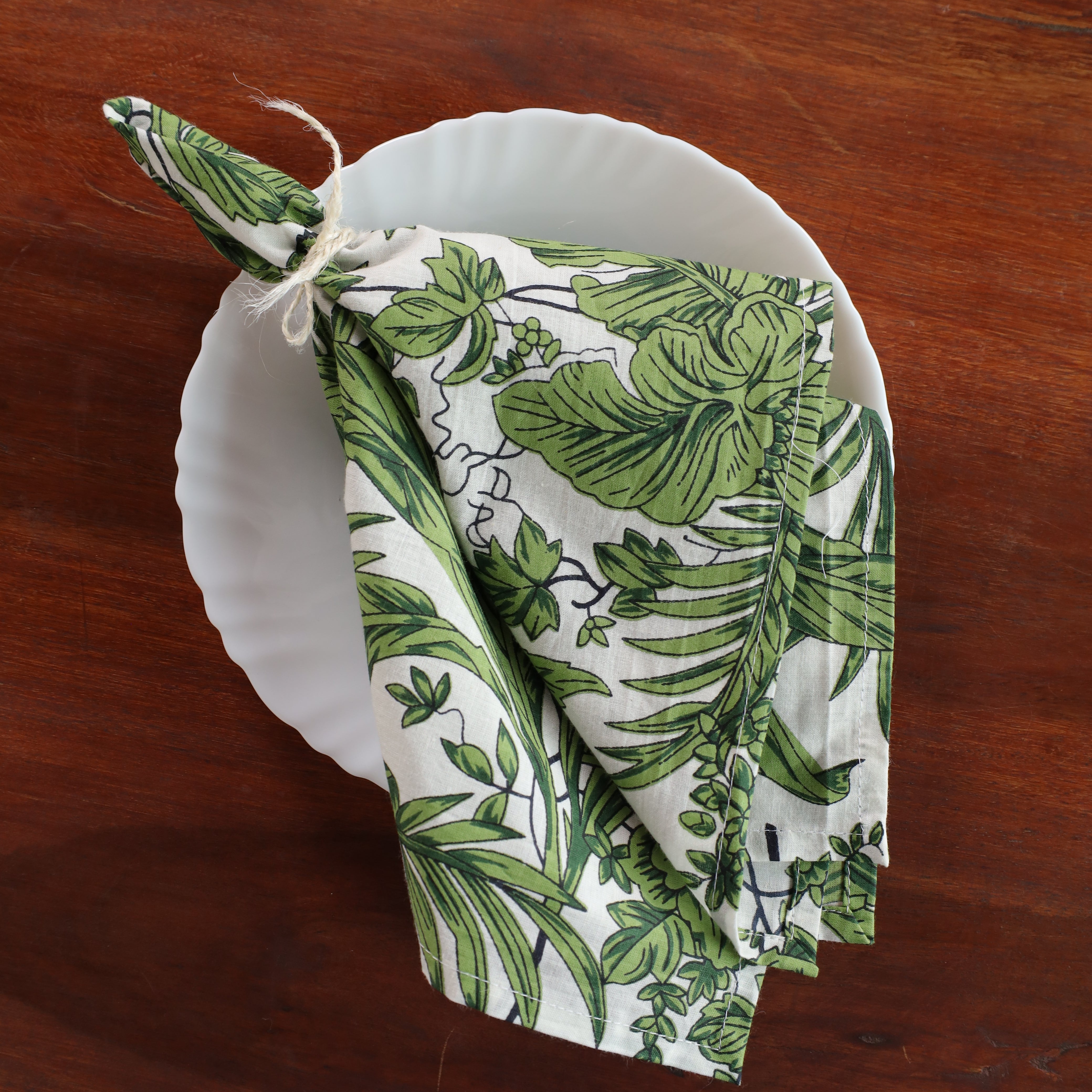 White Cotton Green Floral Table Napkins