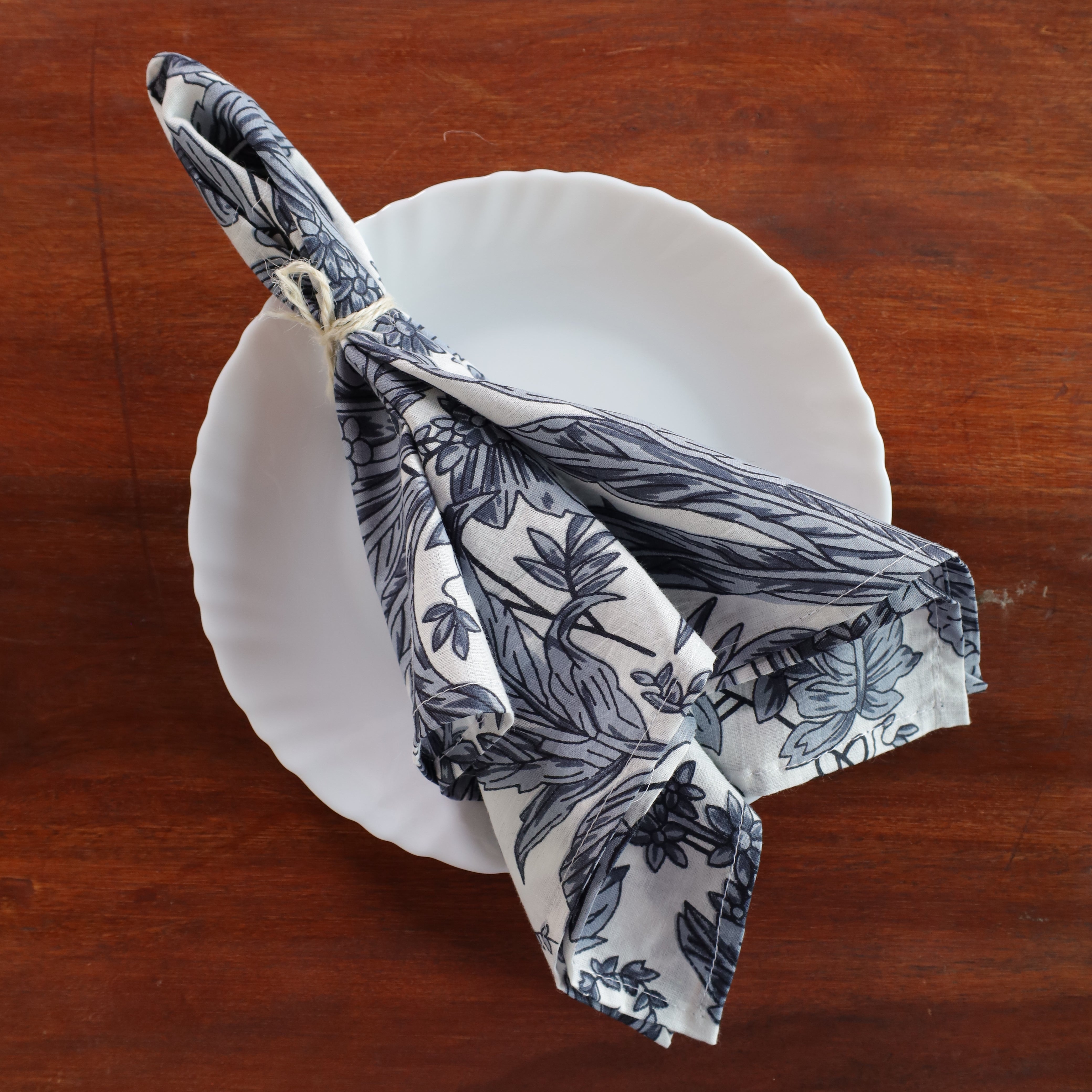 White Cotton Grey Floral Table Napkins