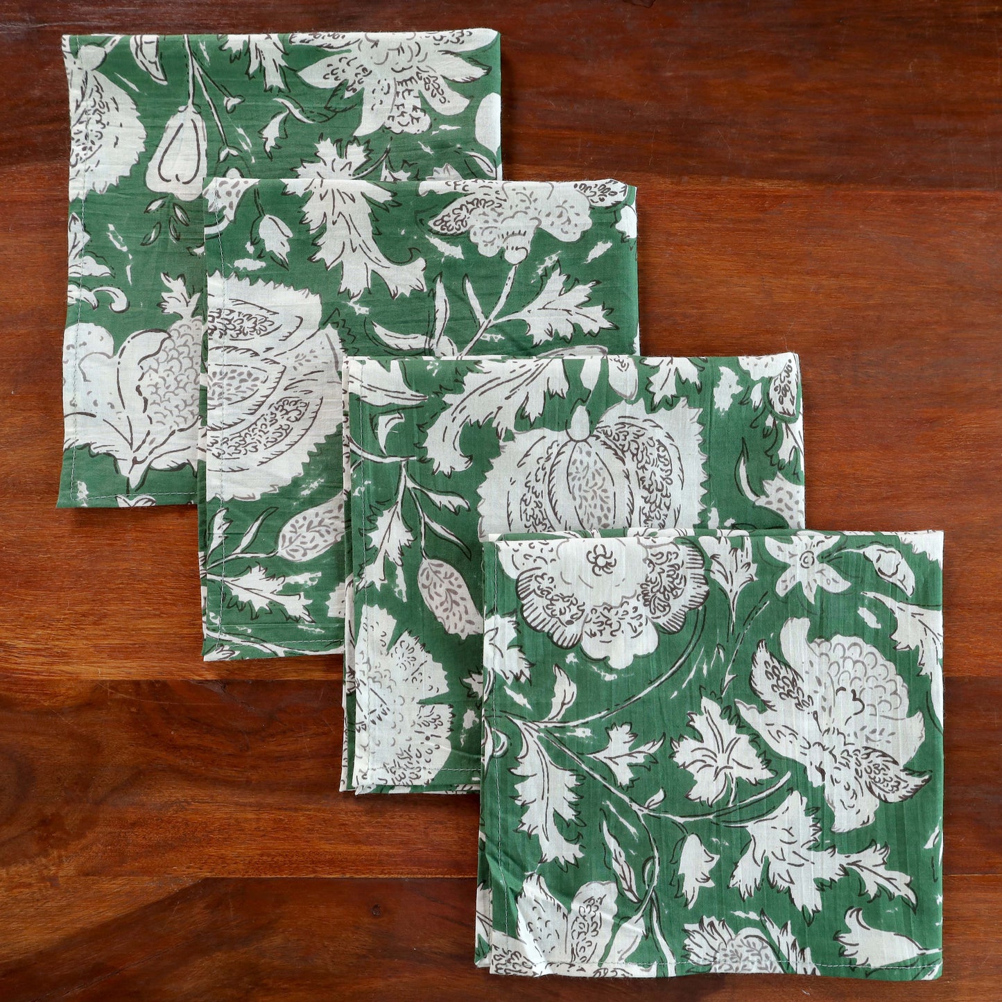 Green Cotton White Floral Table Napkins