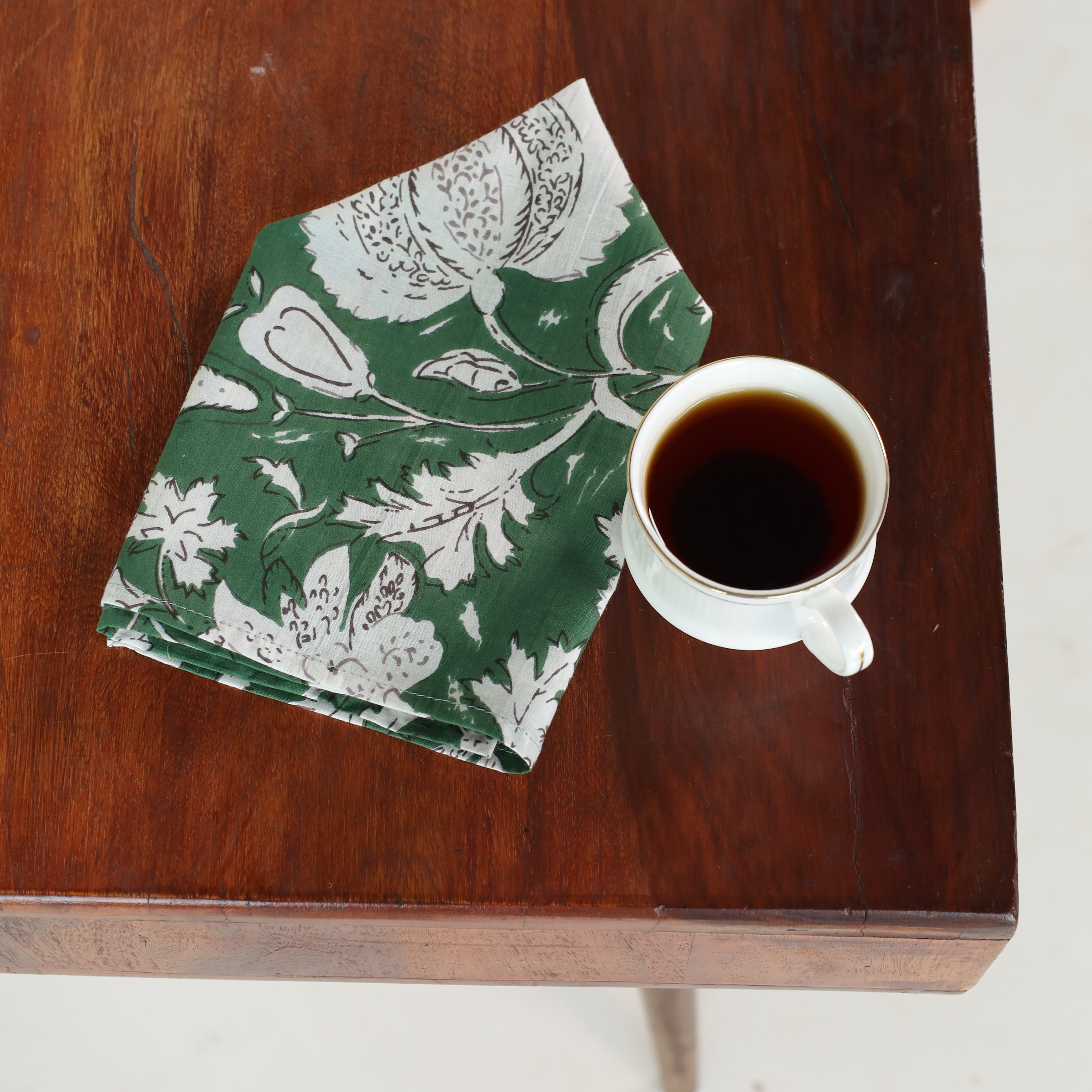 Green Cotton White Floral Table Napkins