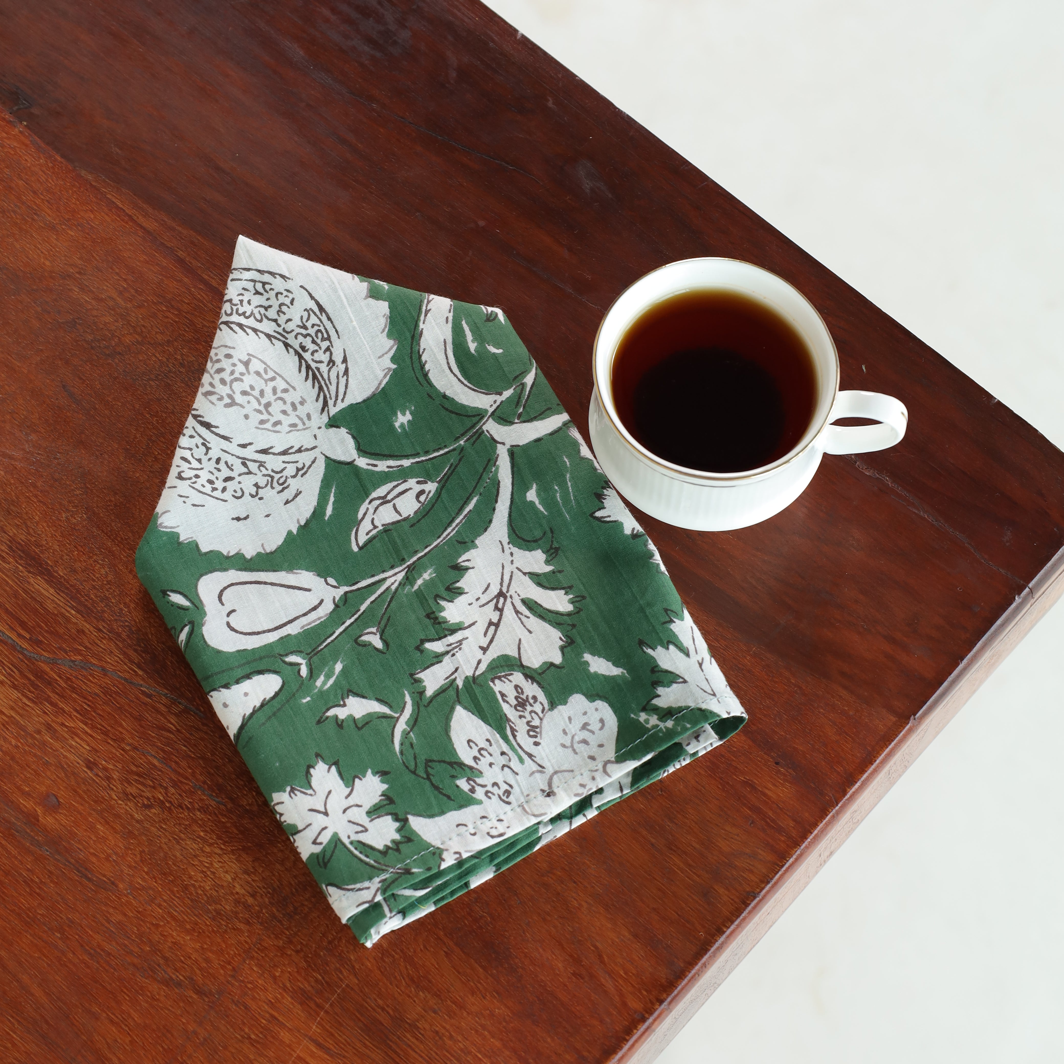 Green Cotton White Floral Table Napkins