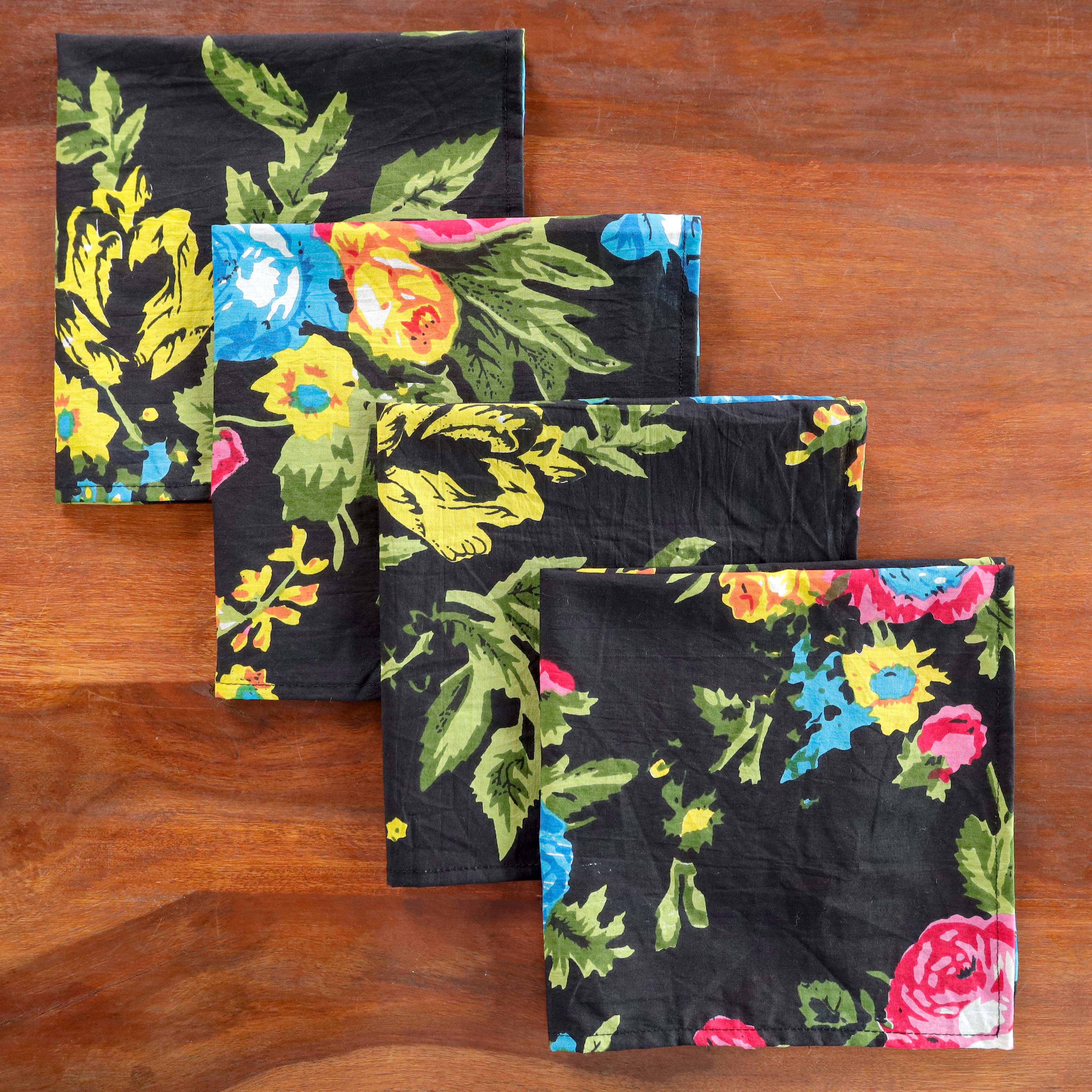 Black Cotton Green Floral Table Napkins