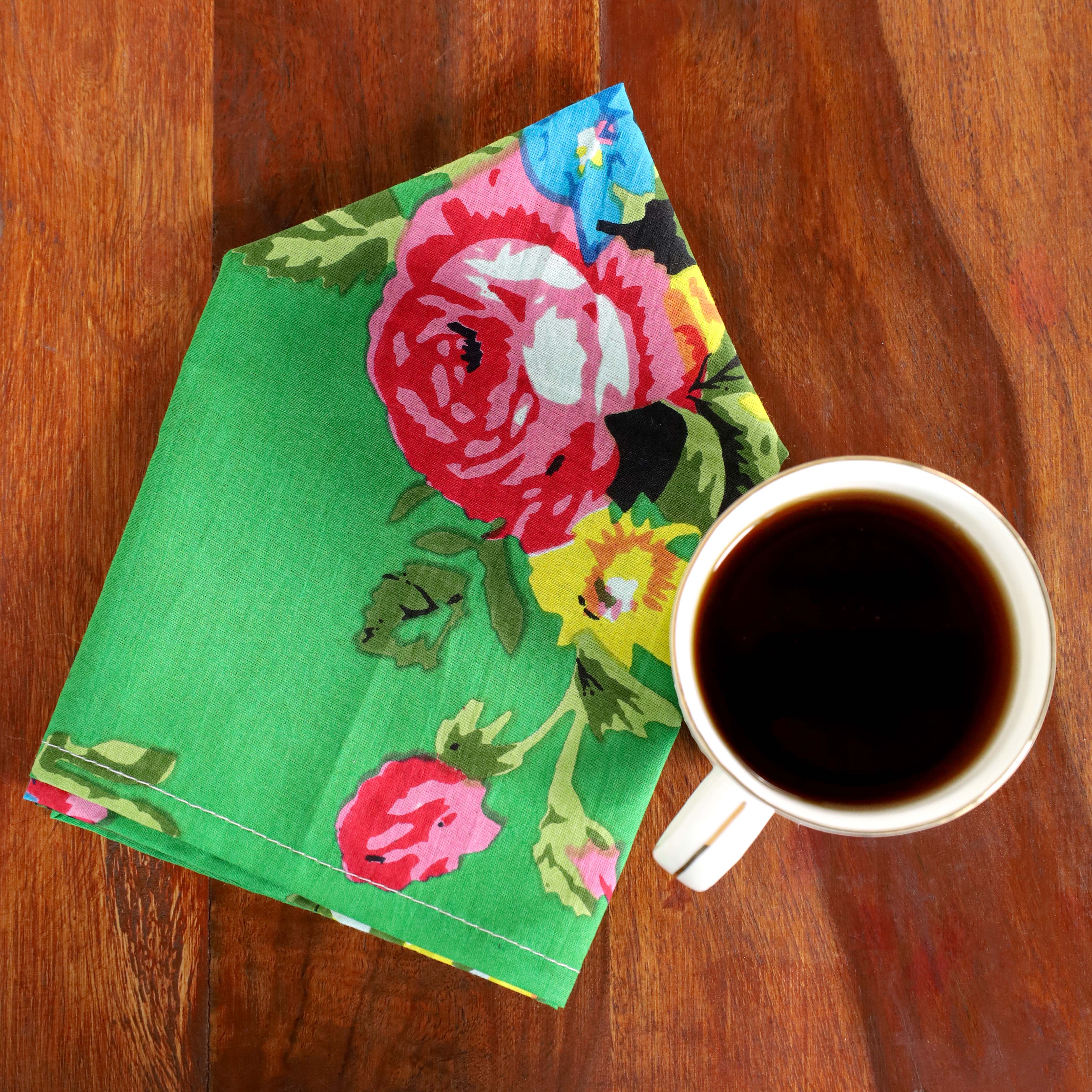 Green Floral Cotton Table Napkins