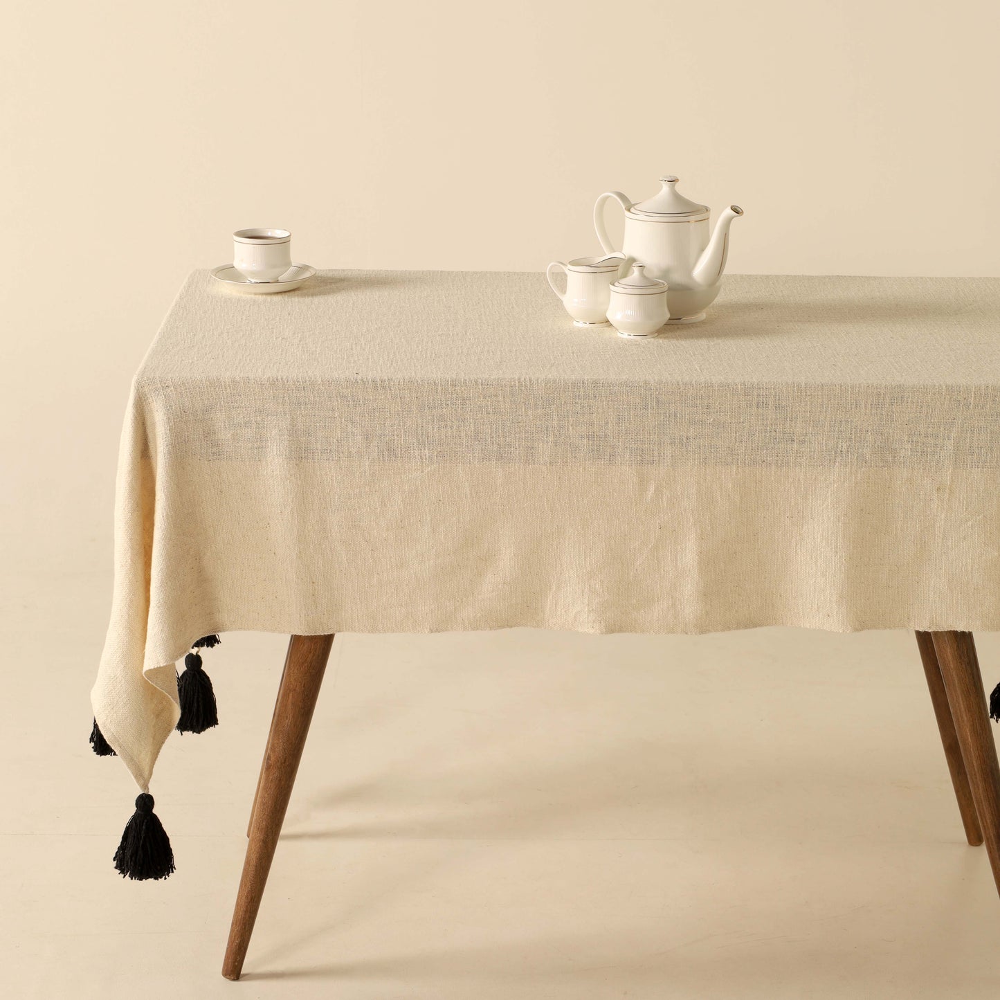 Beige Tassle Cotton Tablecloth