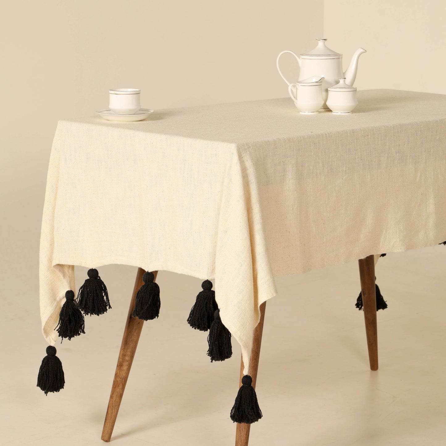 Beige Tassle Cotton Tablecloth