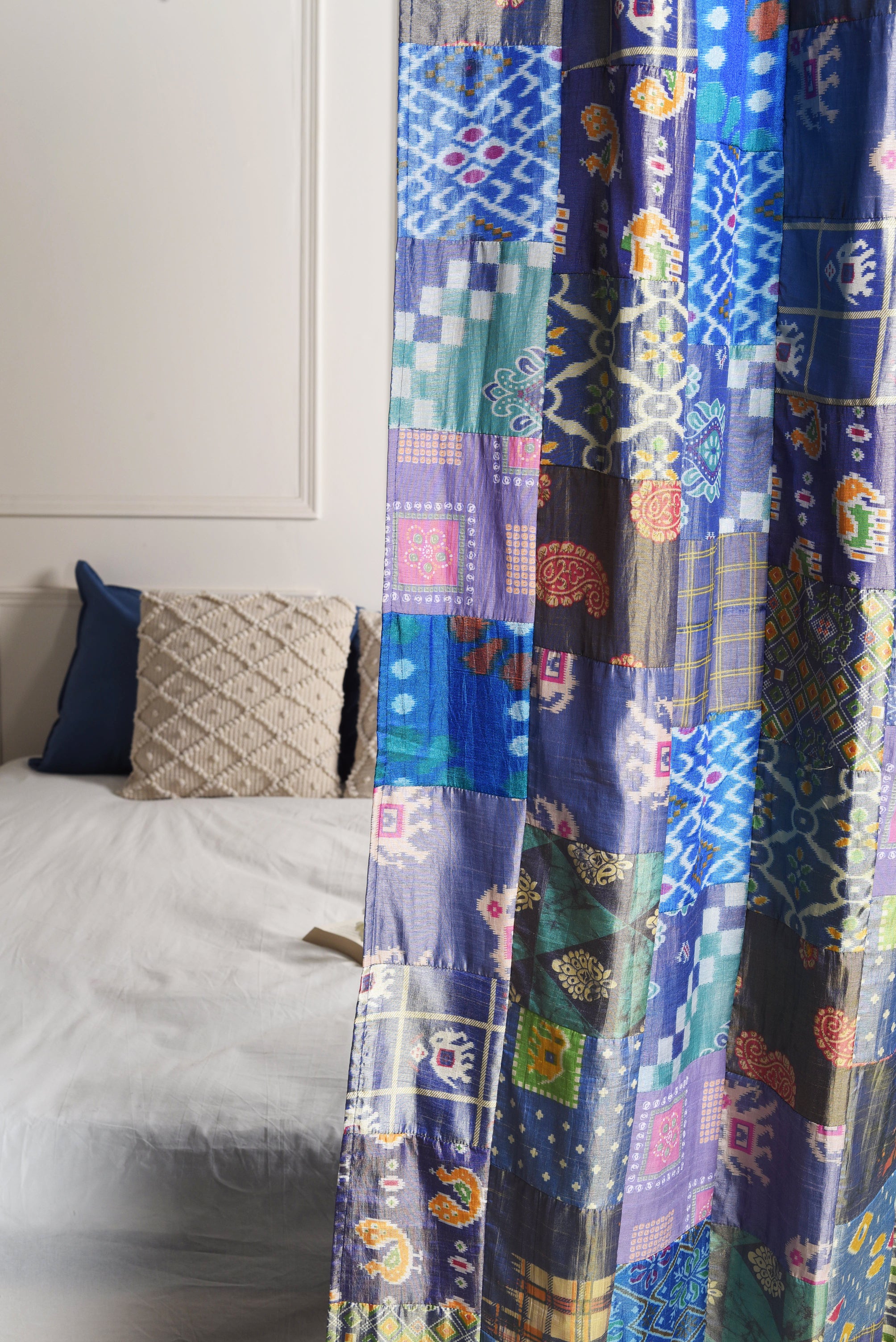 Blue Silk Patchwork Curtains - 2 Panel set