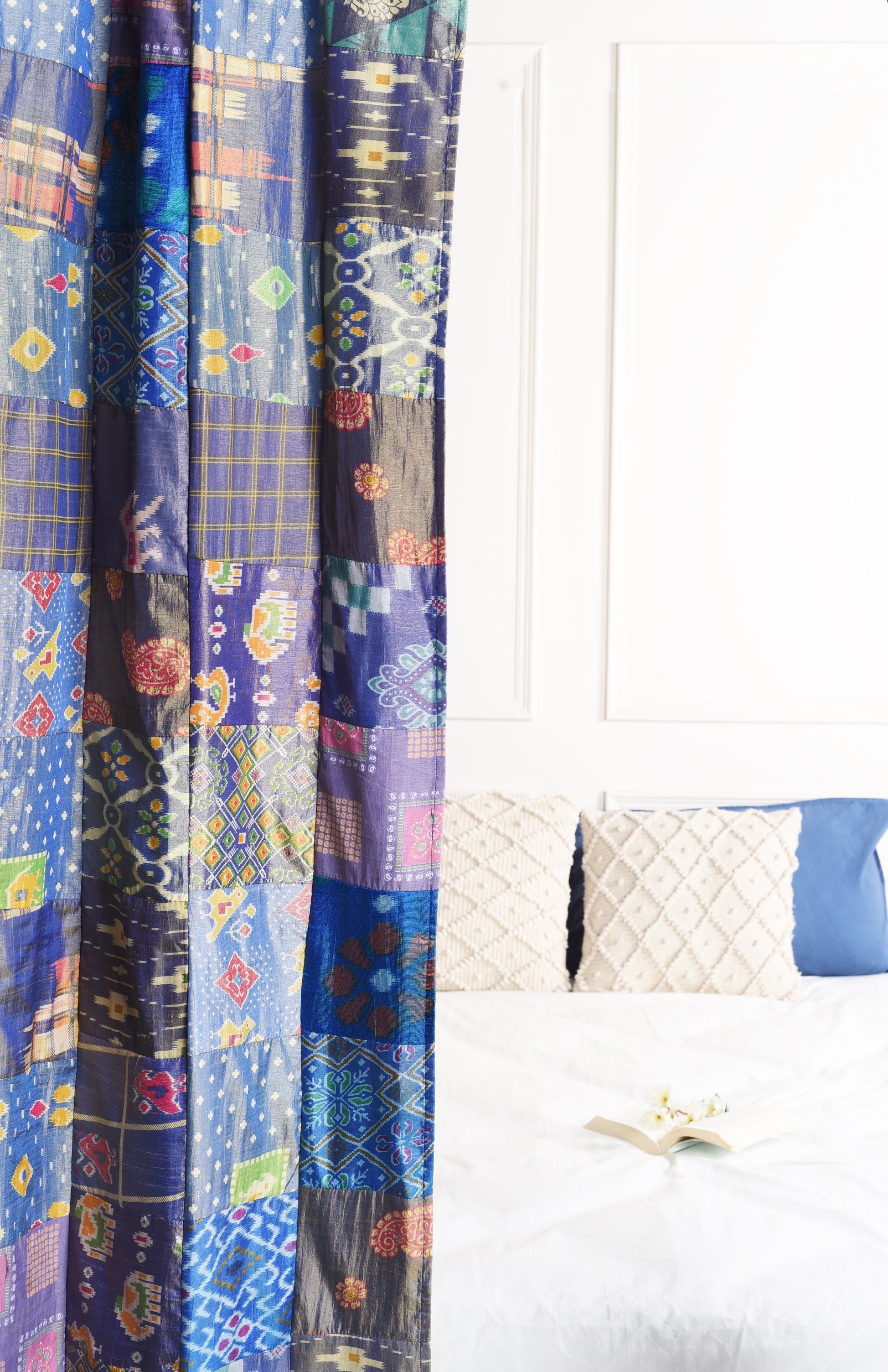 Blue Silk Patchwork Curtains - 2 Panel set