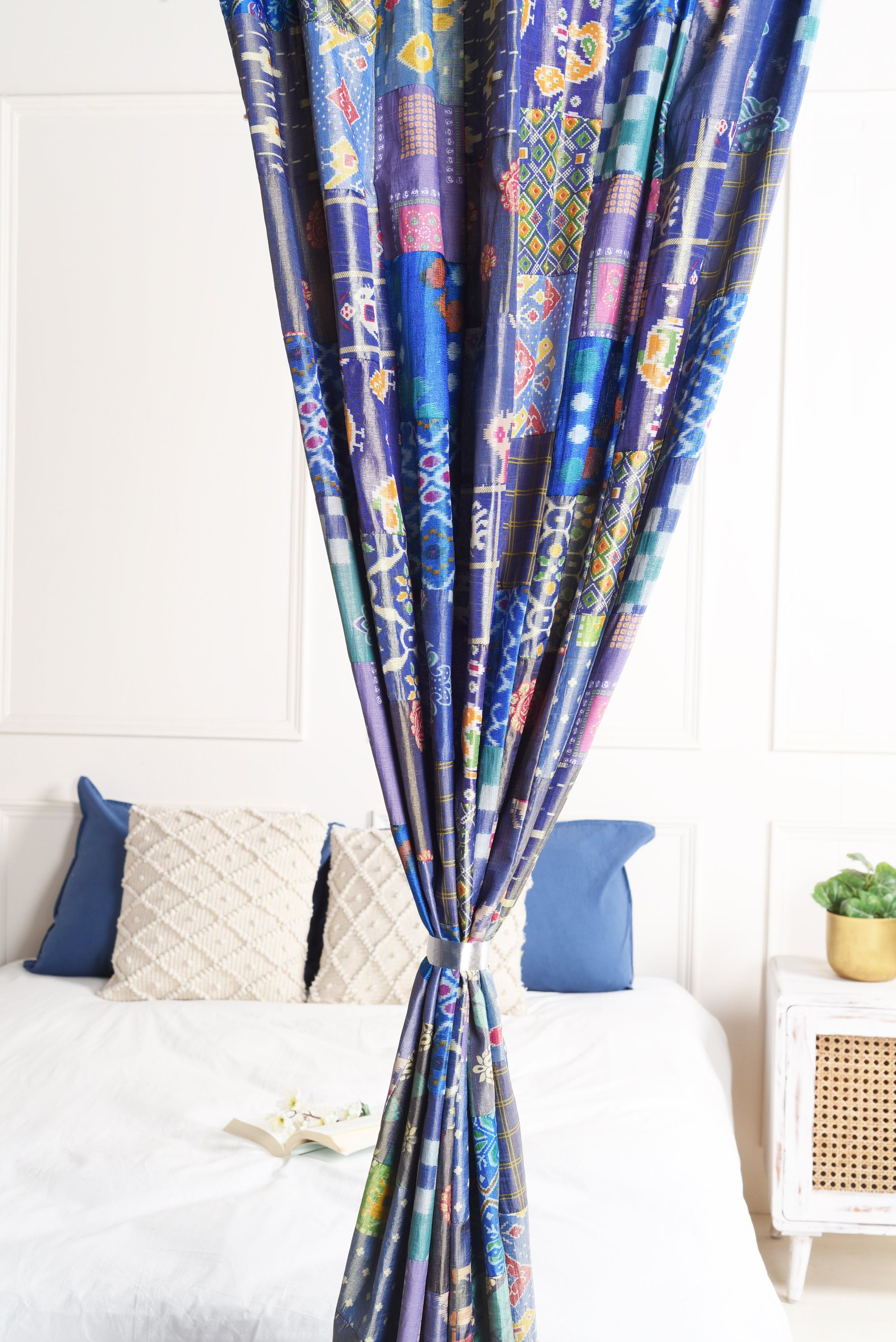 Blue Silk Patchwork Curtains - 2 Panel set