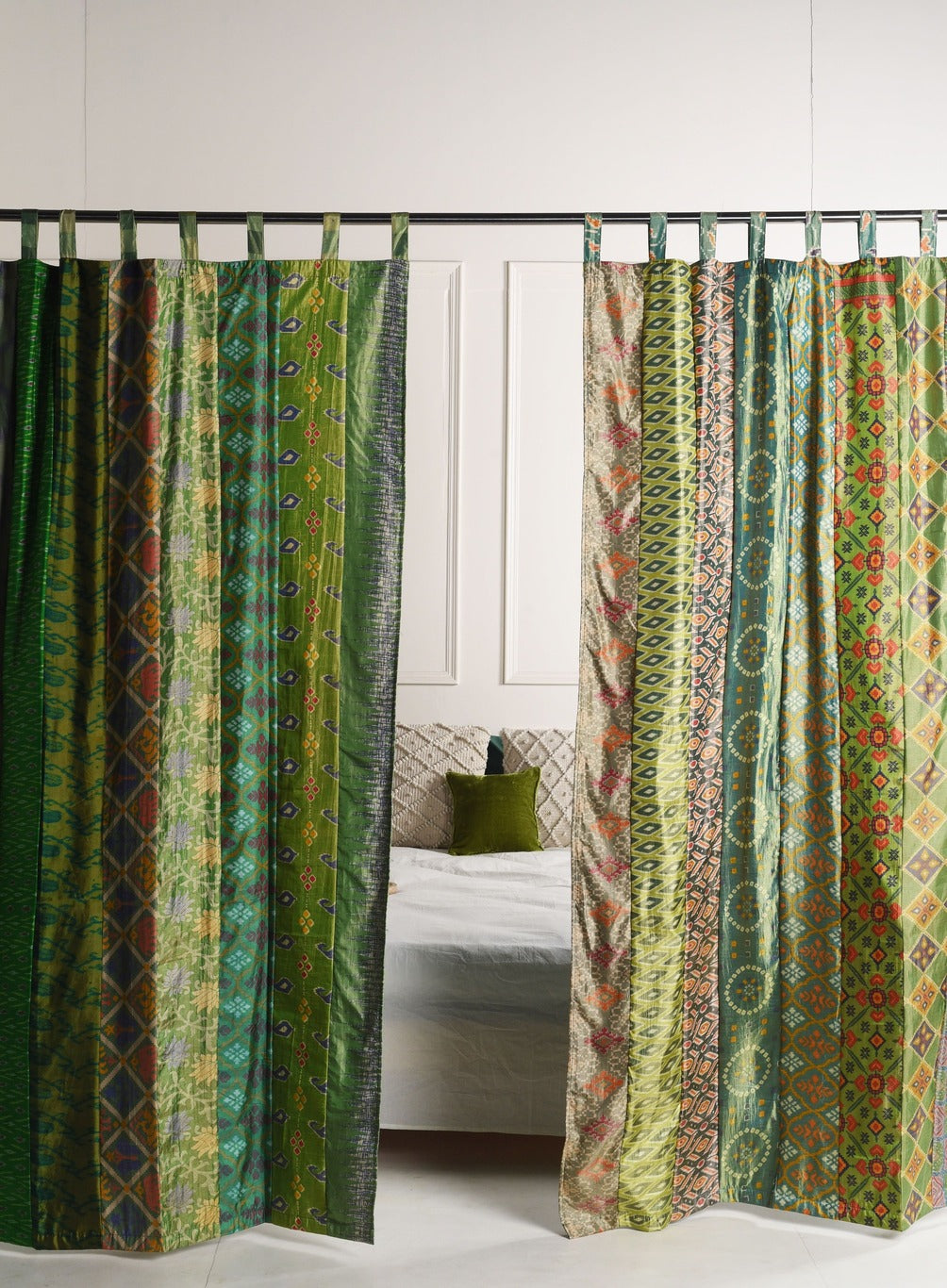 Green Silk Patchwork Curtains - 2 Panel set