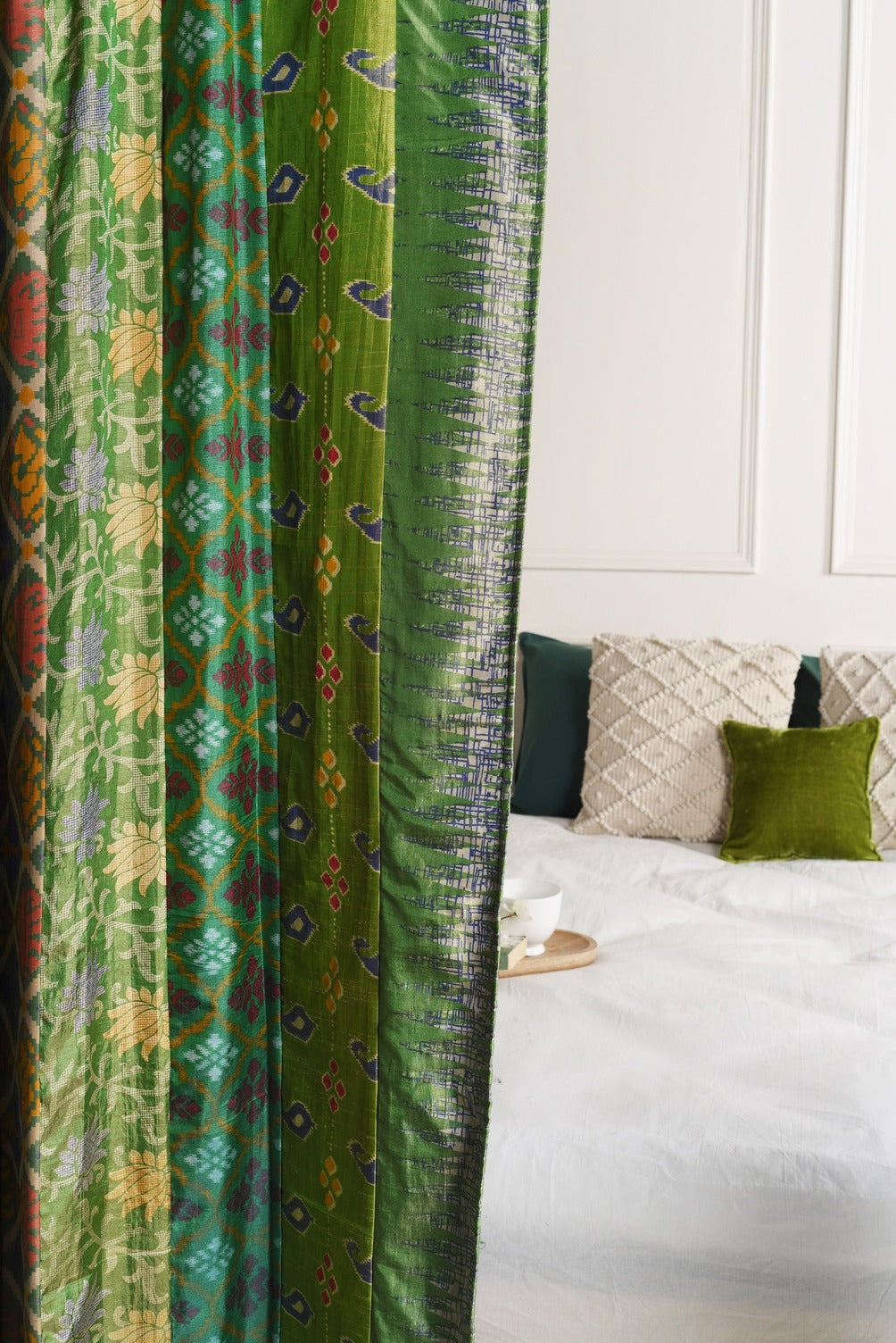 Green Silk Patchwork Curtains - 2 Panel set