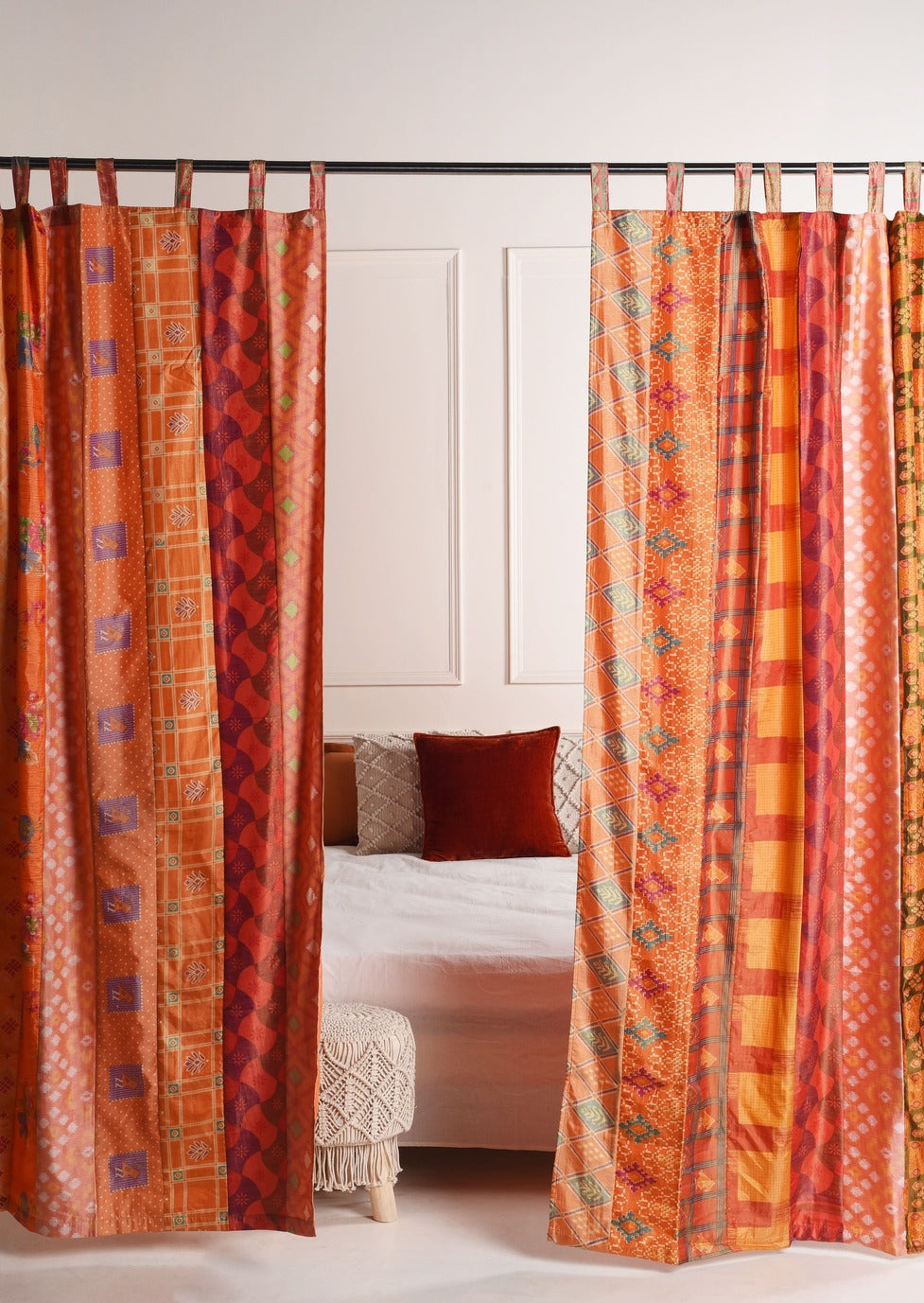 Orange Silk Patchwork Curtains - 2 Panel set