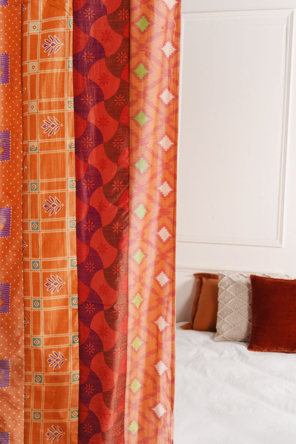 Orange Silk Patchwork Curtains - 2 Panel set