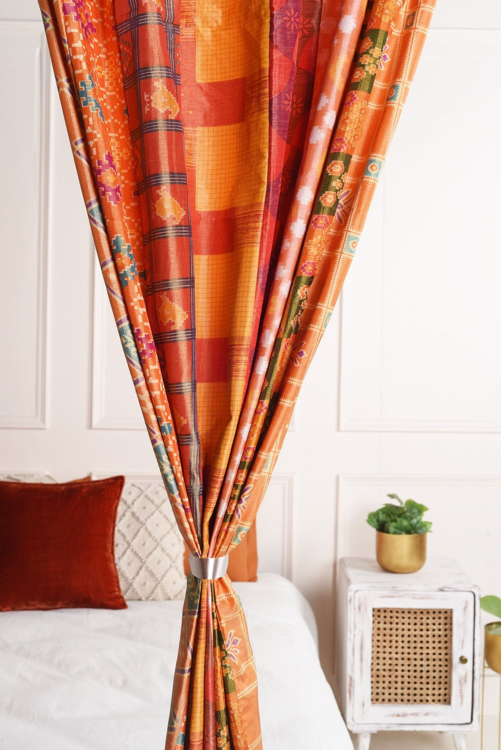 Orange Silk Patchwork Curtains - 2 Panel set