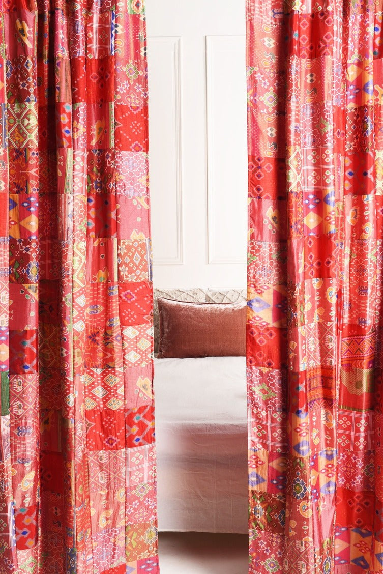 Red Silk Patchwork Curtains - 2 Panel set