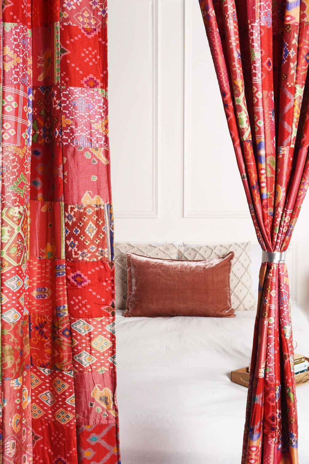 Red Silk Patchwork Curtains - 2 Panel set