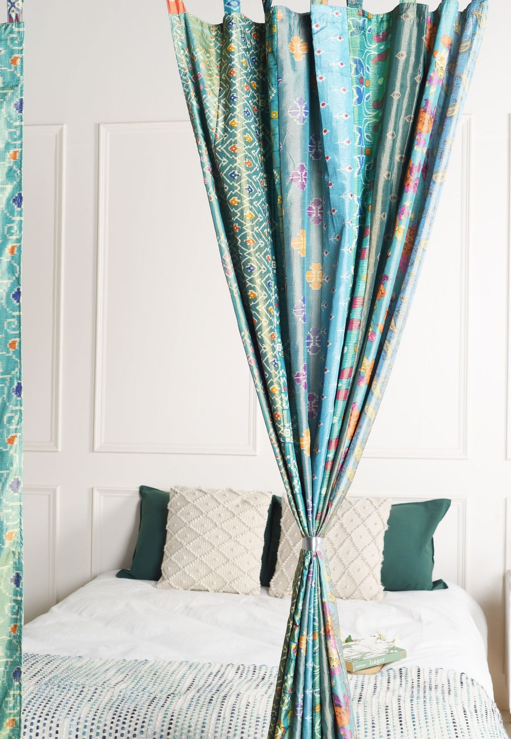 Turquoise Blue Silk Patchwork Curtains - 2 Panel set