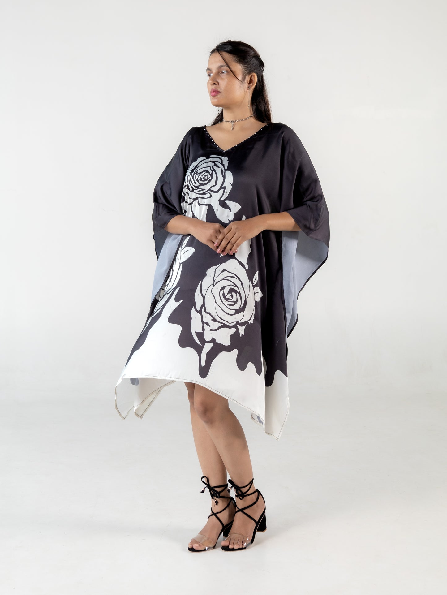 Black Flower Print Kaftan Dresses for Women Short Kaftan