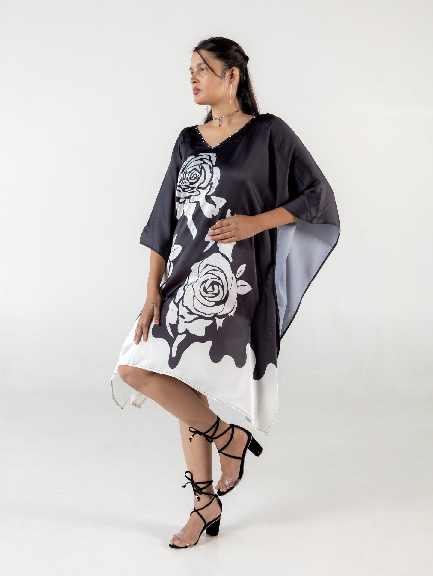 Black Flower Print Kaftan Dresses for Women Short Kaftan