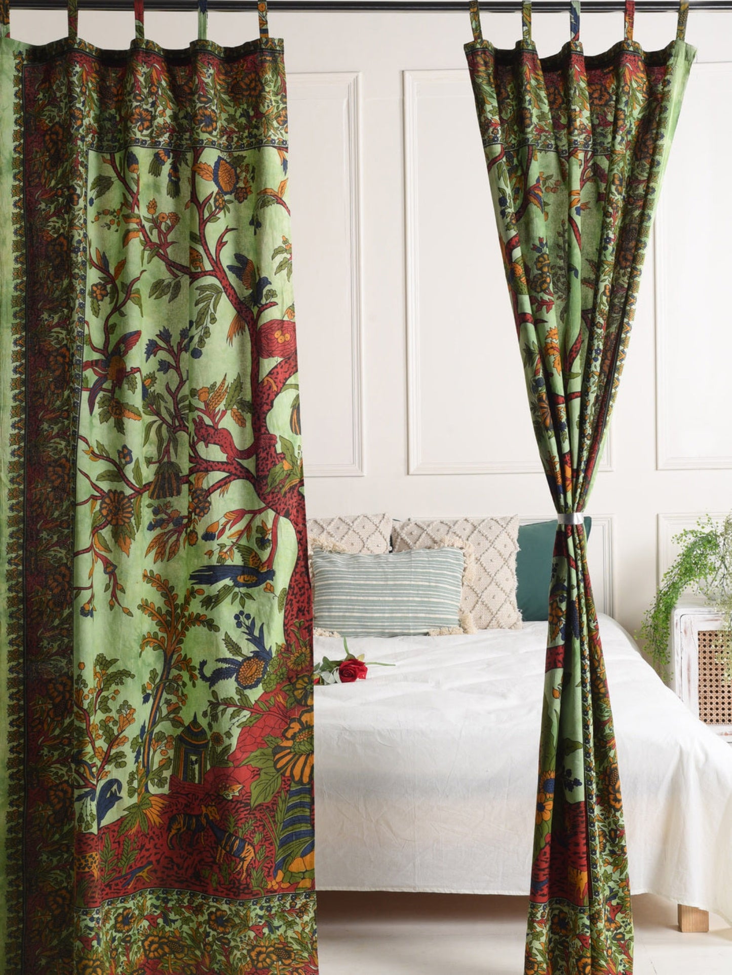 Green Tree Of Life Pure Cotton Curtains - 2 Panel Set
