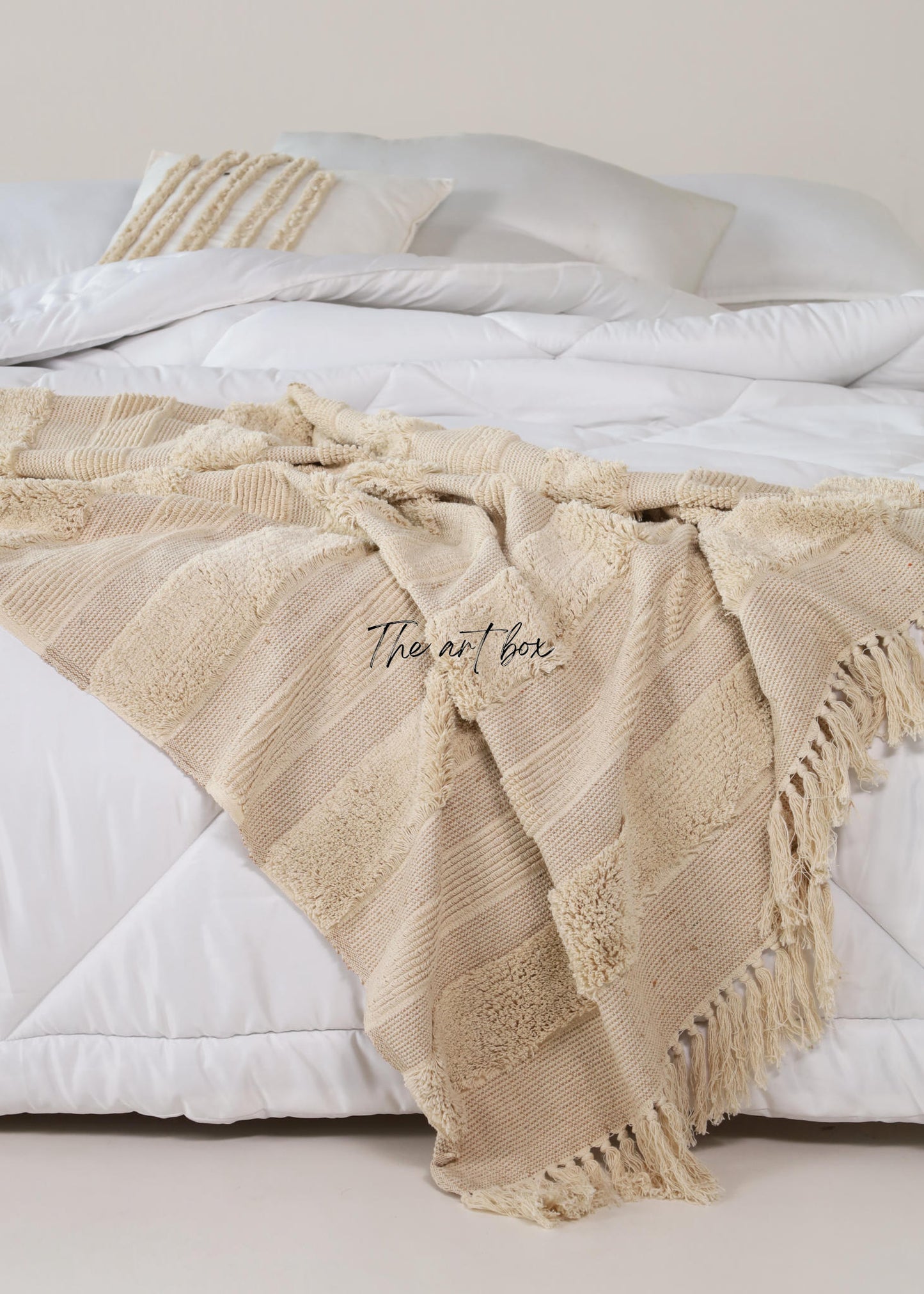 Cream Color Striped Hand Tufted Throw