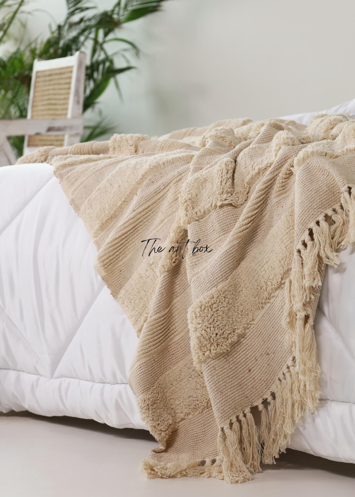 Cream Color Striped Hand Tufted Throw