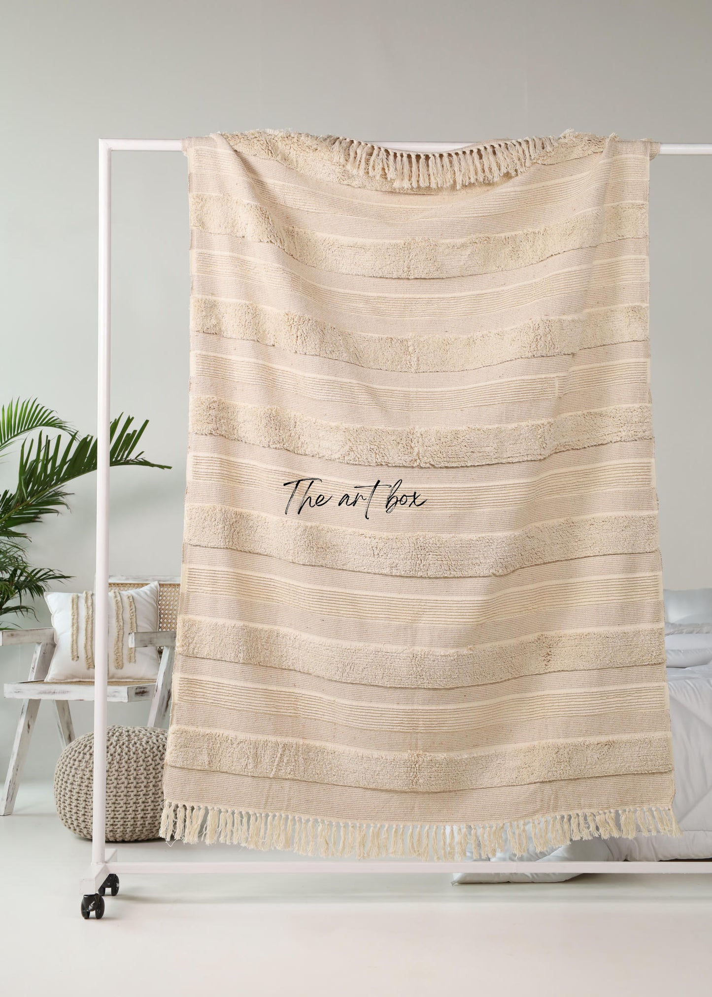 Cream Color Striped Hand Tufted Throw