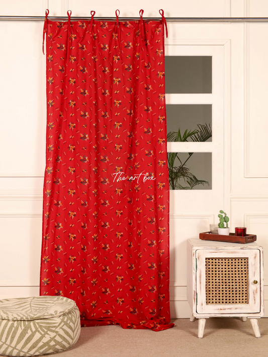Red Printed Floral Pure Cotton Curtains - 1 Panel Set