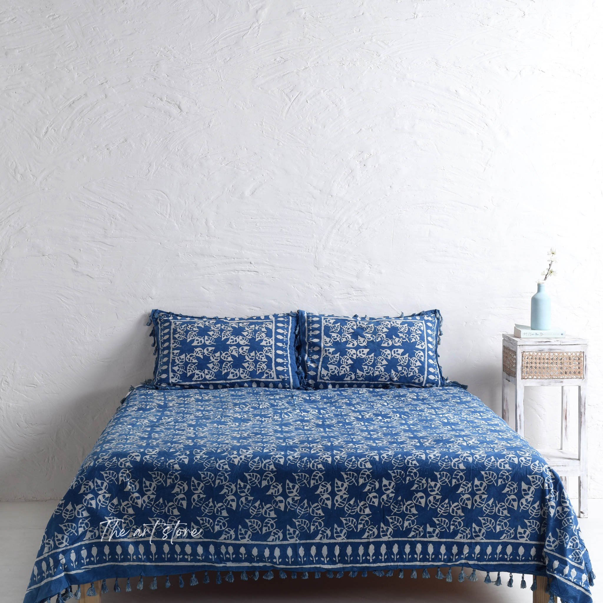 Indigo Leaf Block Printed Bedsheet and Pillow Set