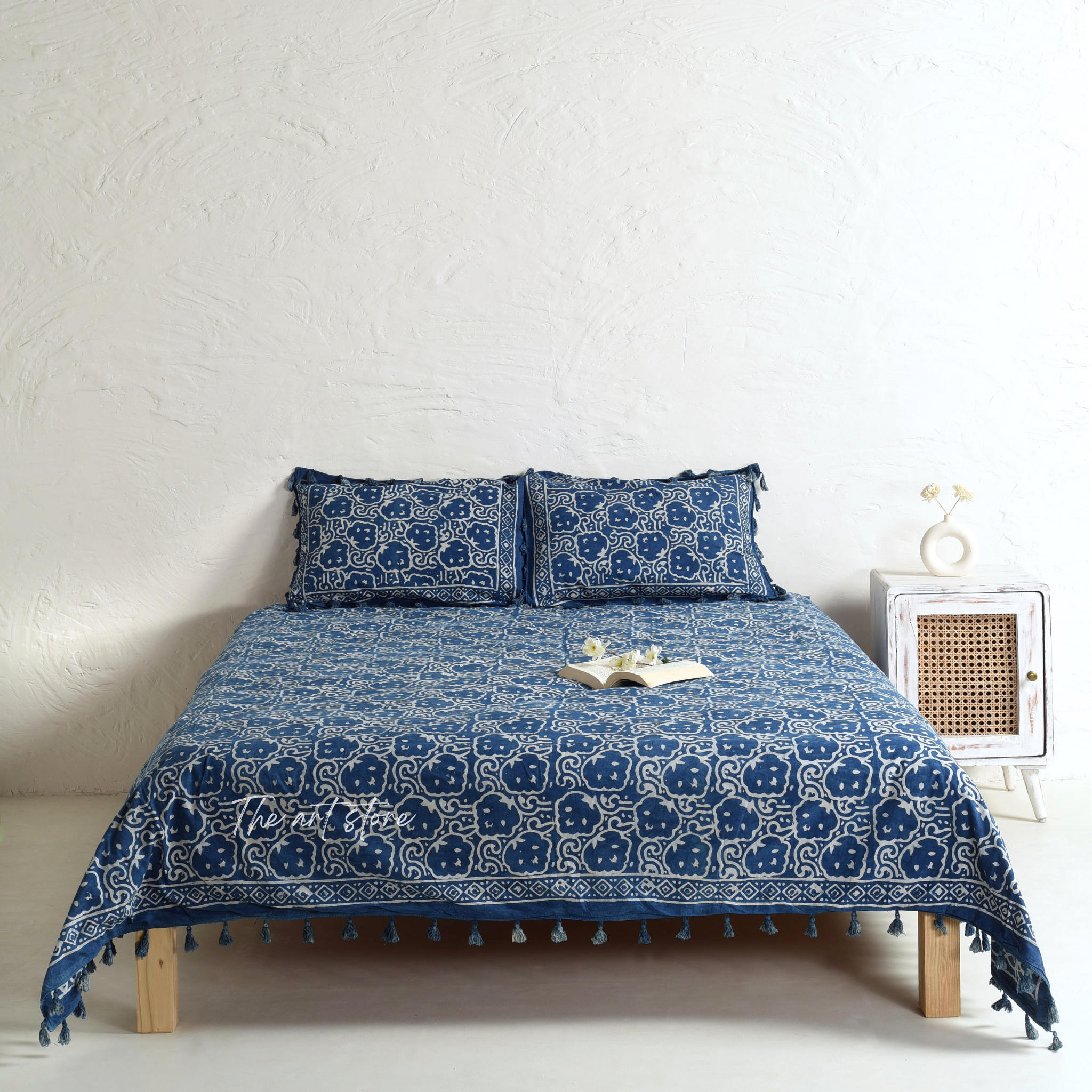 Indigo Hand Block Printed Bedsheet and Pillow Set