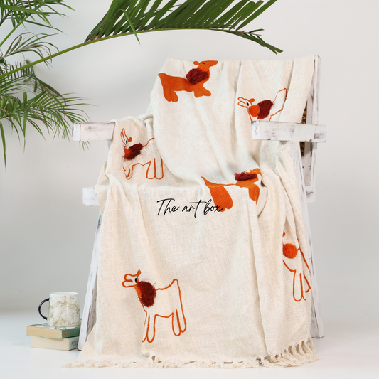 White & Orange Llama Tufted Embroidered Throw