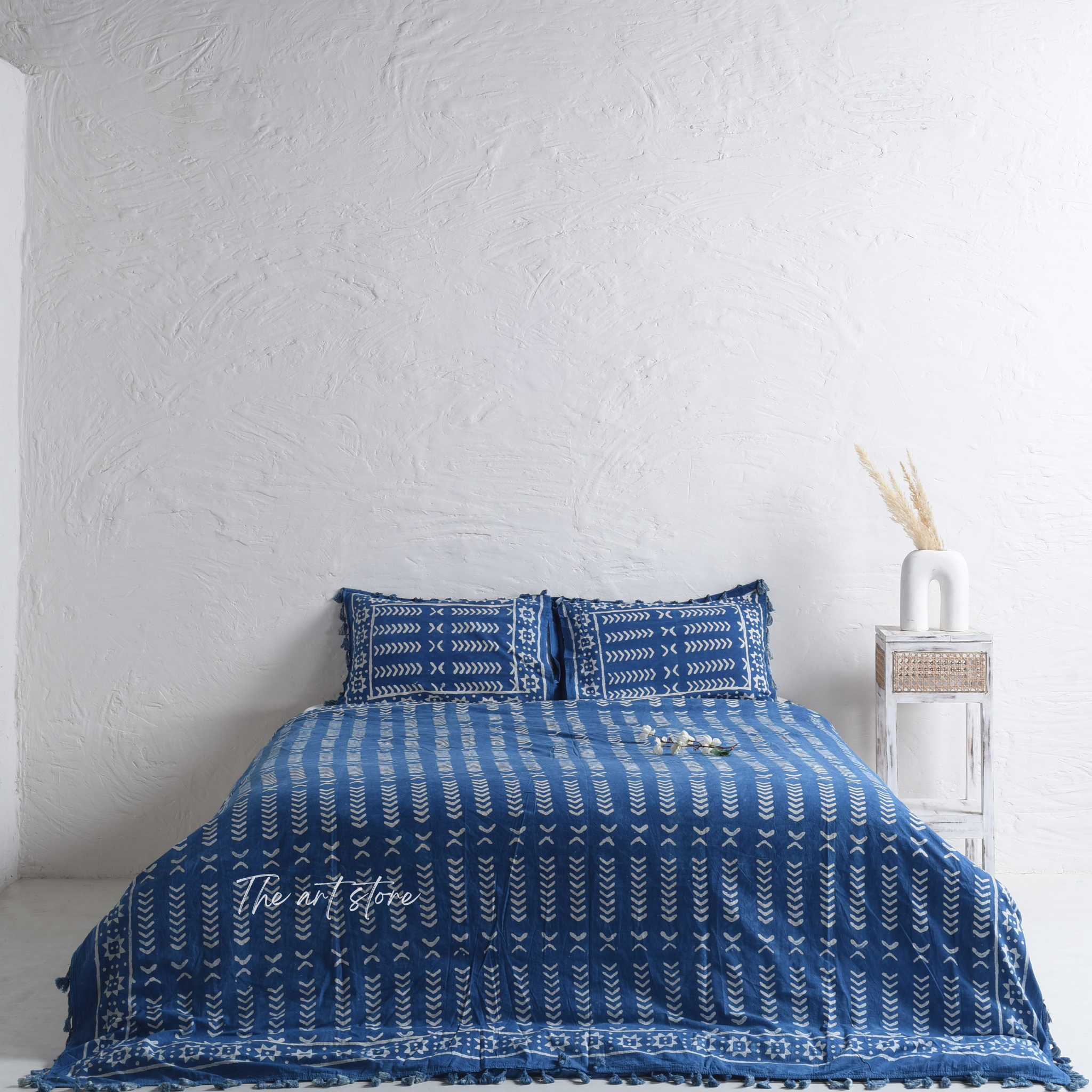 Indigo Stone Washed Block Printed Duvet Cover and Pillow Set