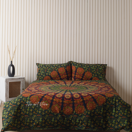 Green Peacock Mandala Duvet Covers with Pillow Covers