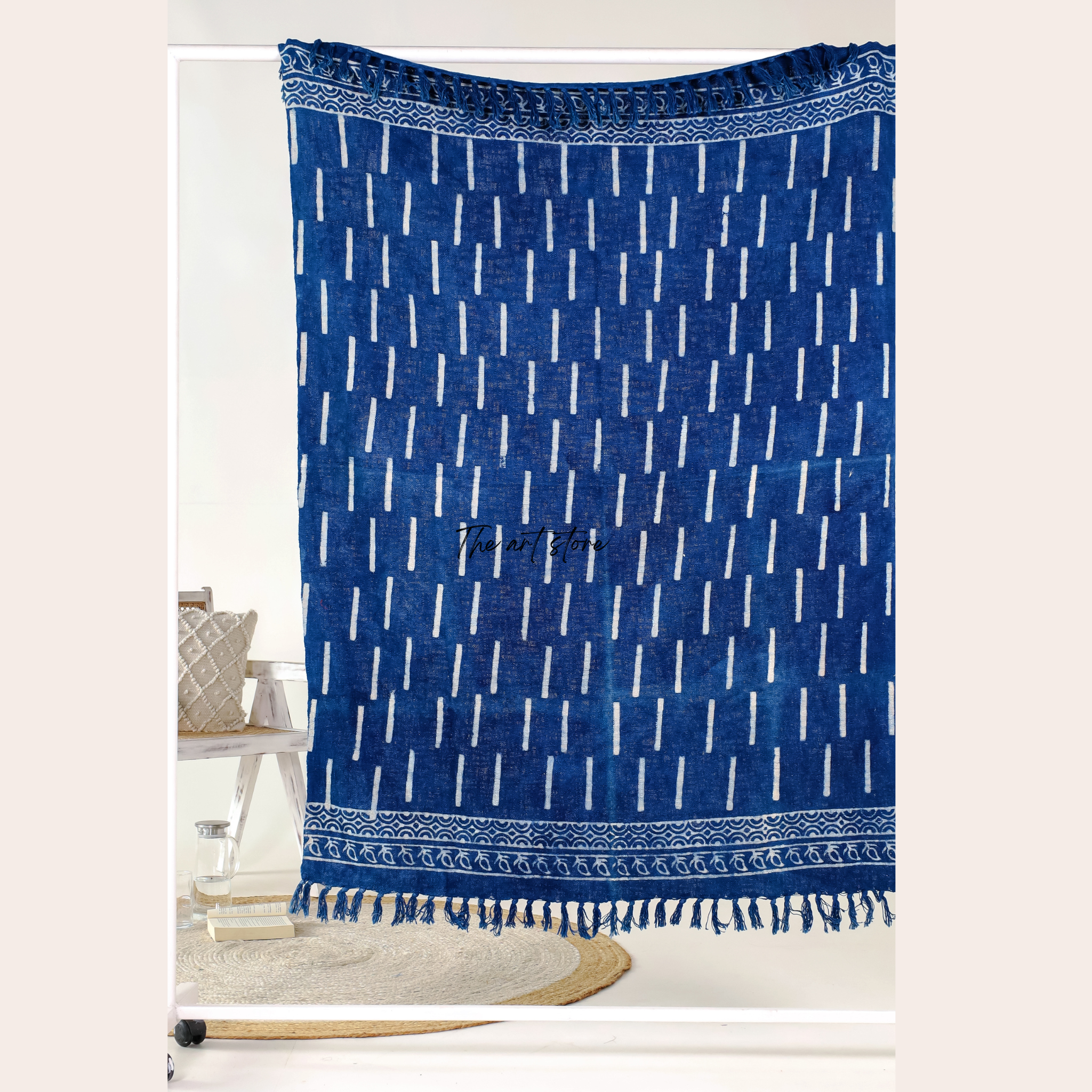 Fringed Indigo Print Throw