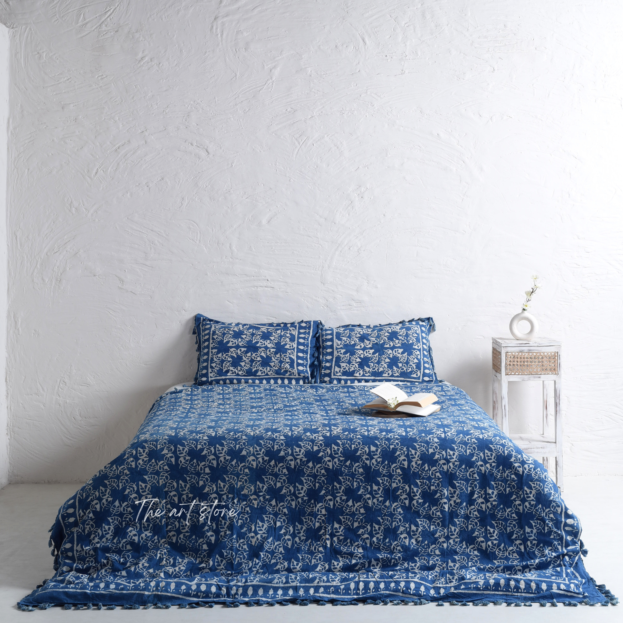 Indigo Leaf Block Printed Duvet Cover and Pillow Set