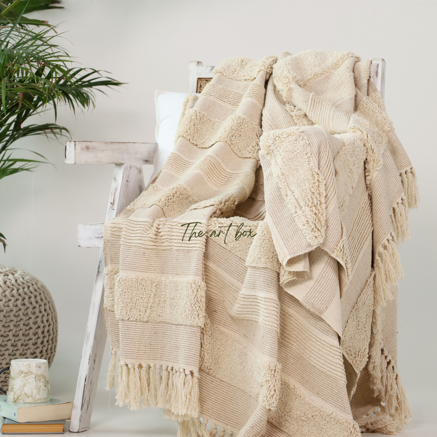 Cream Color Striped Hand Tufted Throw