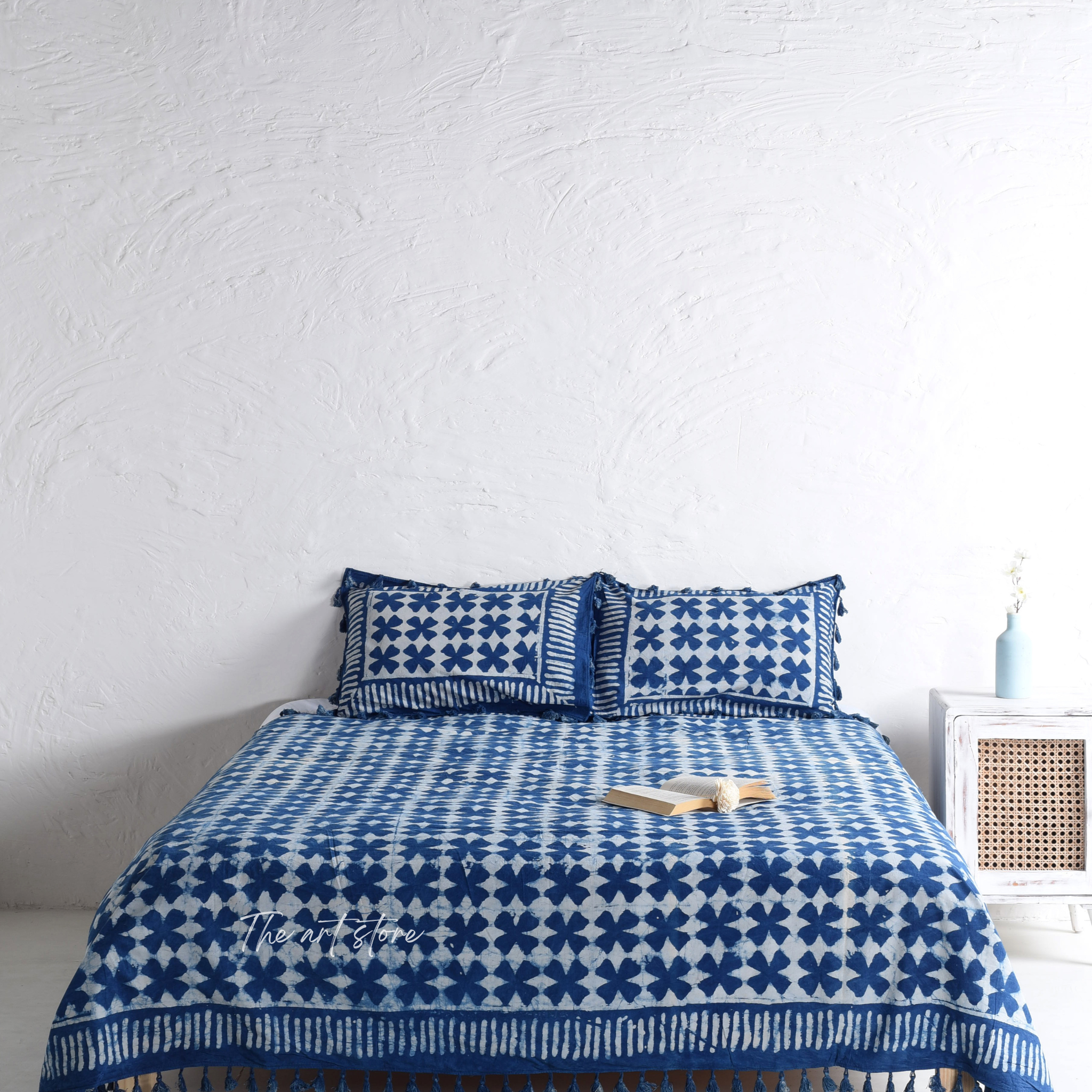 Boho Aesthetic Stone Washed Block Printed Bedsheet and Pillow Set