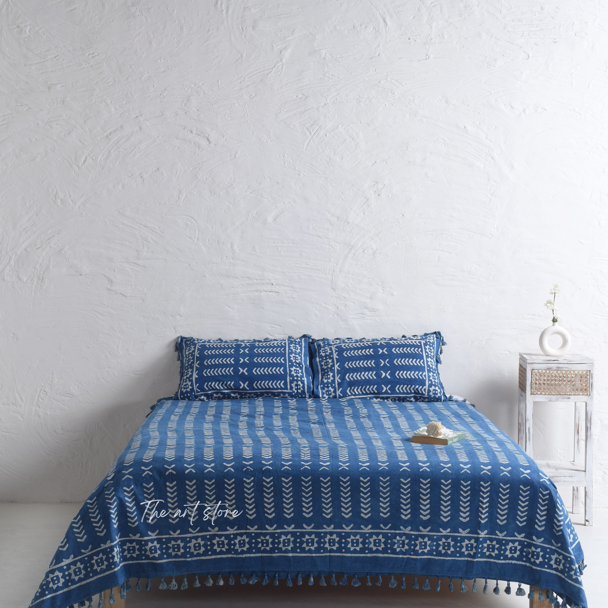 Indigo Stone Washed Block Printed Bedsheet and Pillow Set