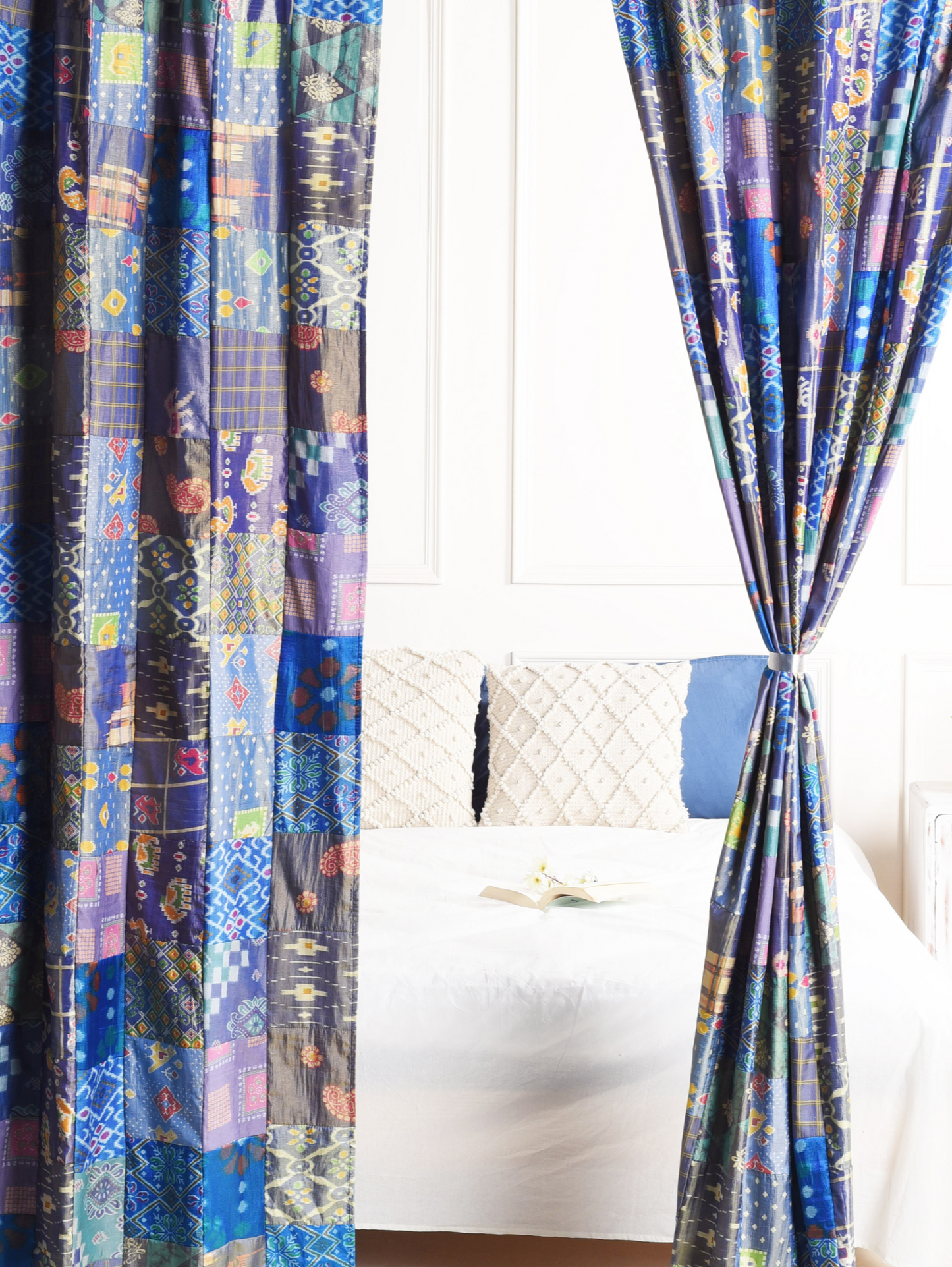 Blue Silk Patchwork Curtains - 2 Panel set