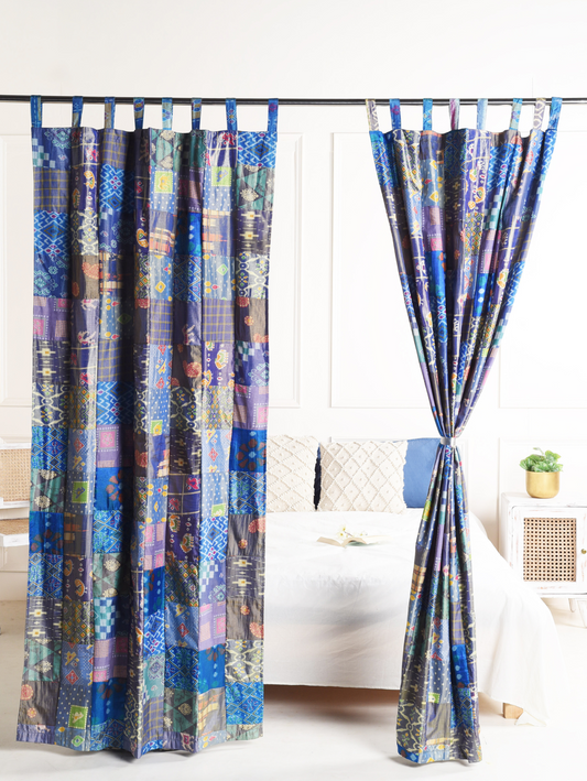 Blue Silk Patchwork Curtains - 2 Panel set