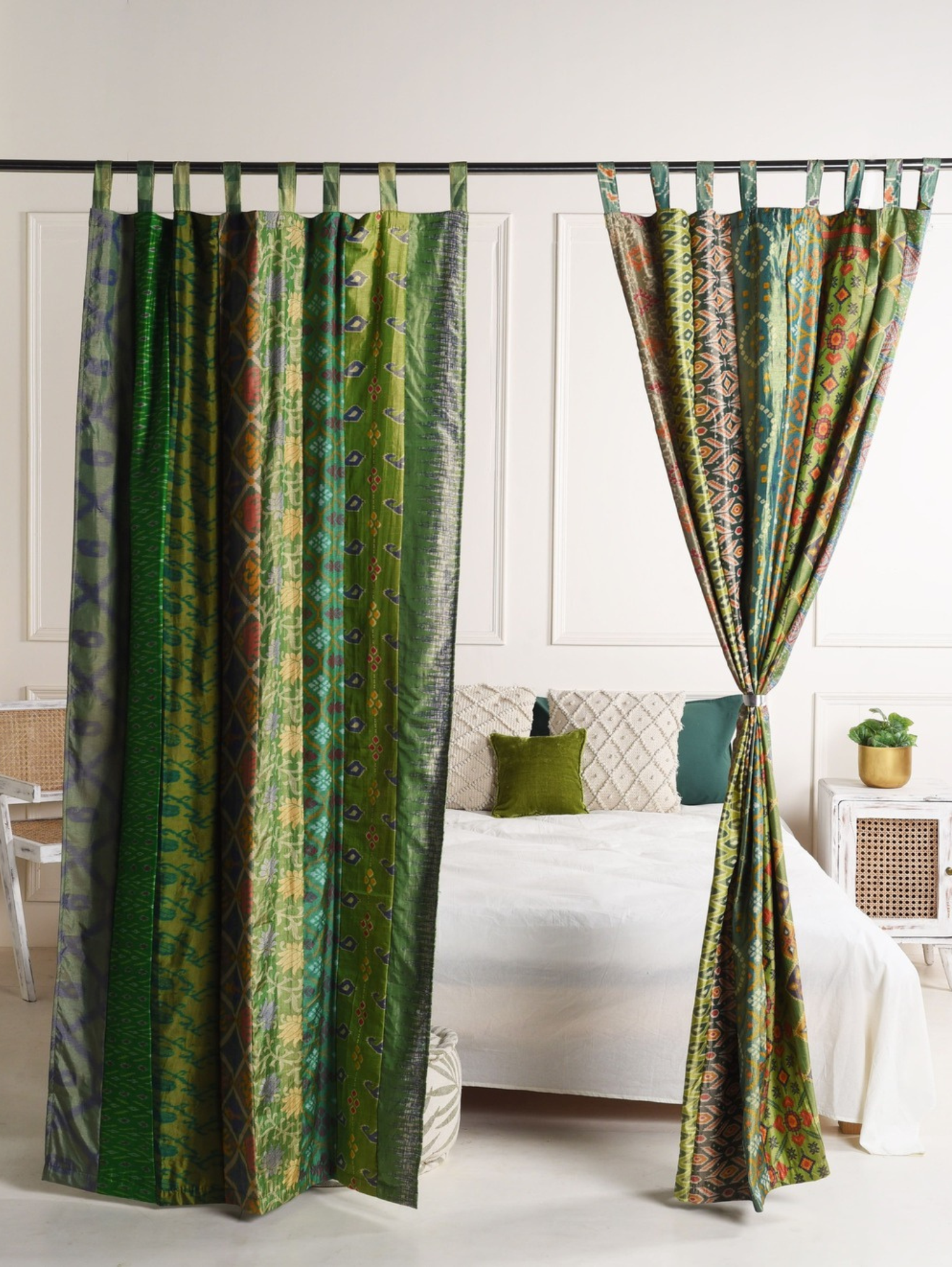 Green Silk Patchwork Curtains - 2 Panel set