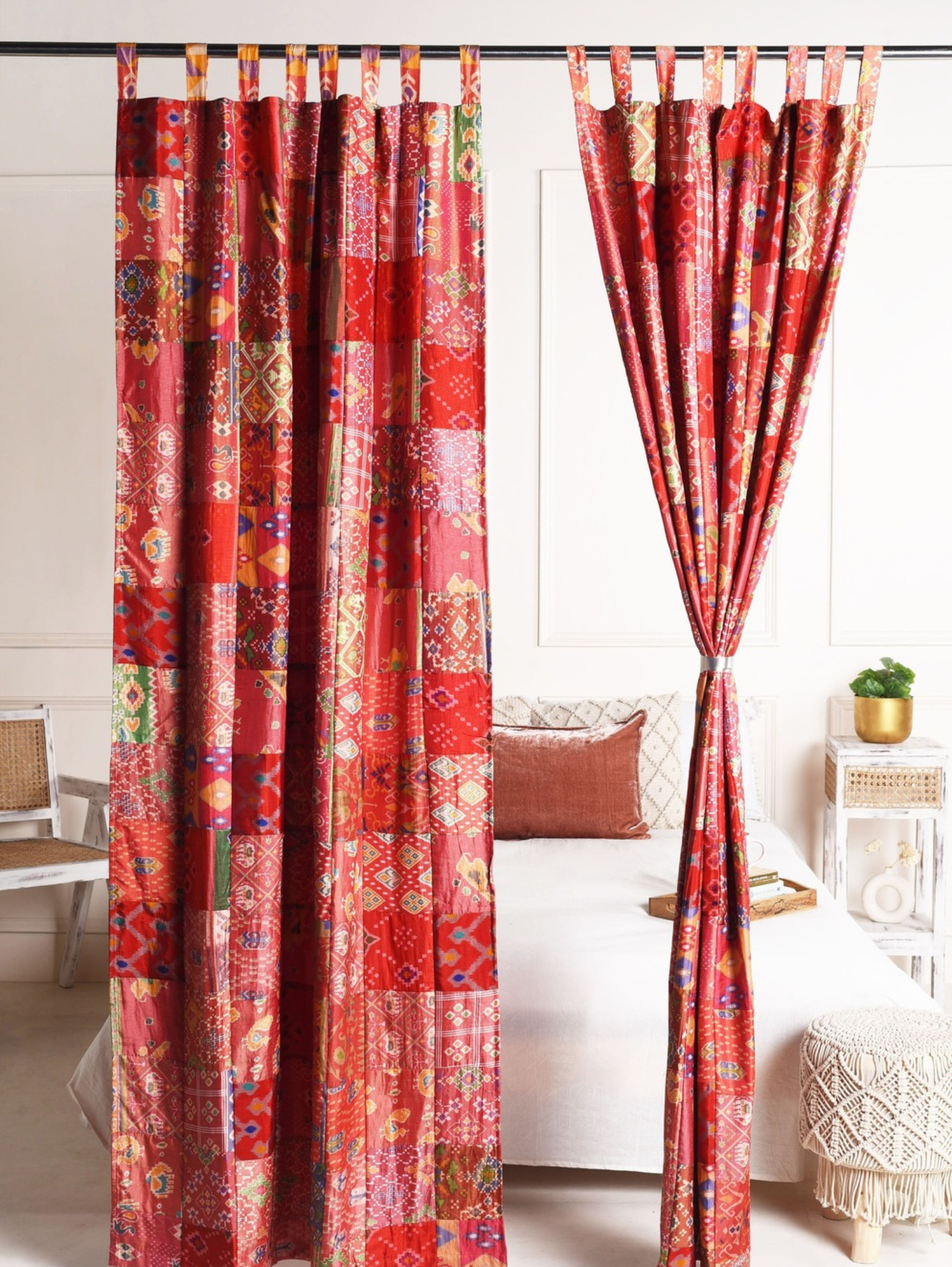 Red Silk Patchwork Curtains - 2 Panel set