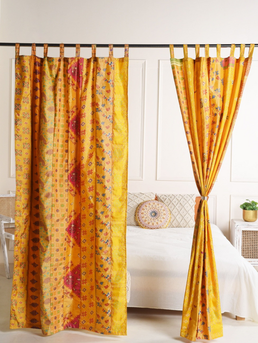Yellow Silk Patchwork Curtains - 2 Panel set