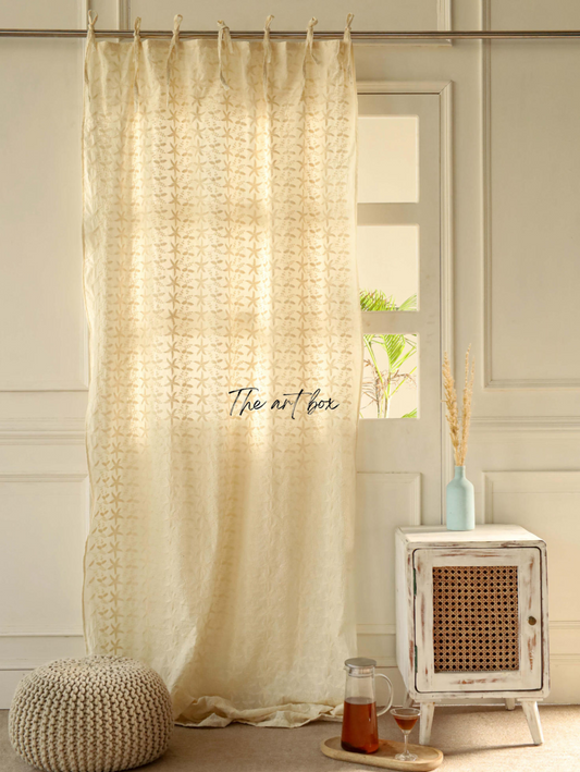 Beige  Embroidered Cotton Curtains - 1 Panel Set